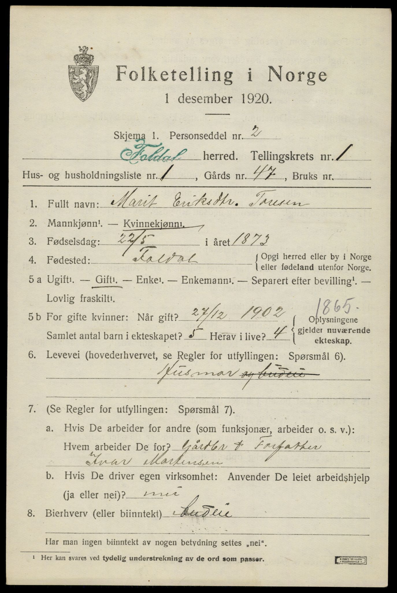 SAH, 1920 census for Folldal, 1920, p. 839