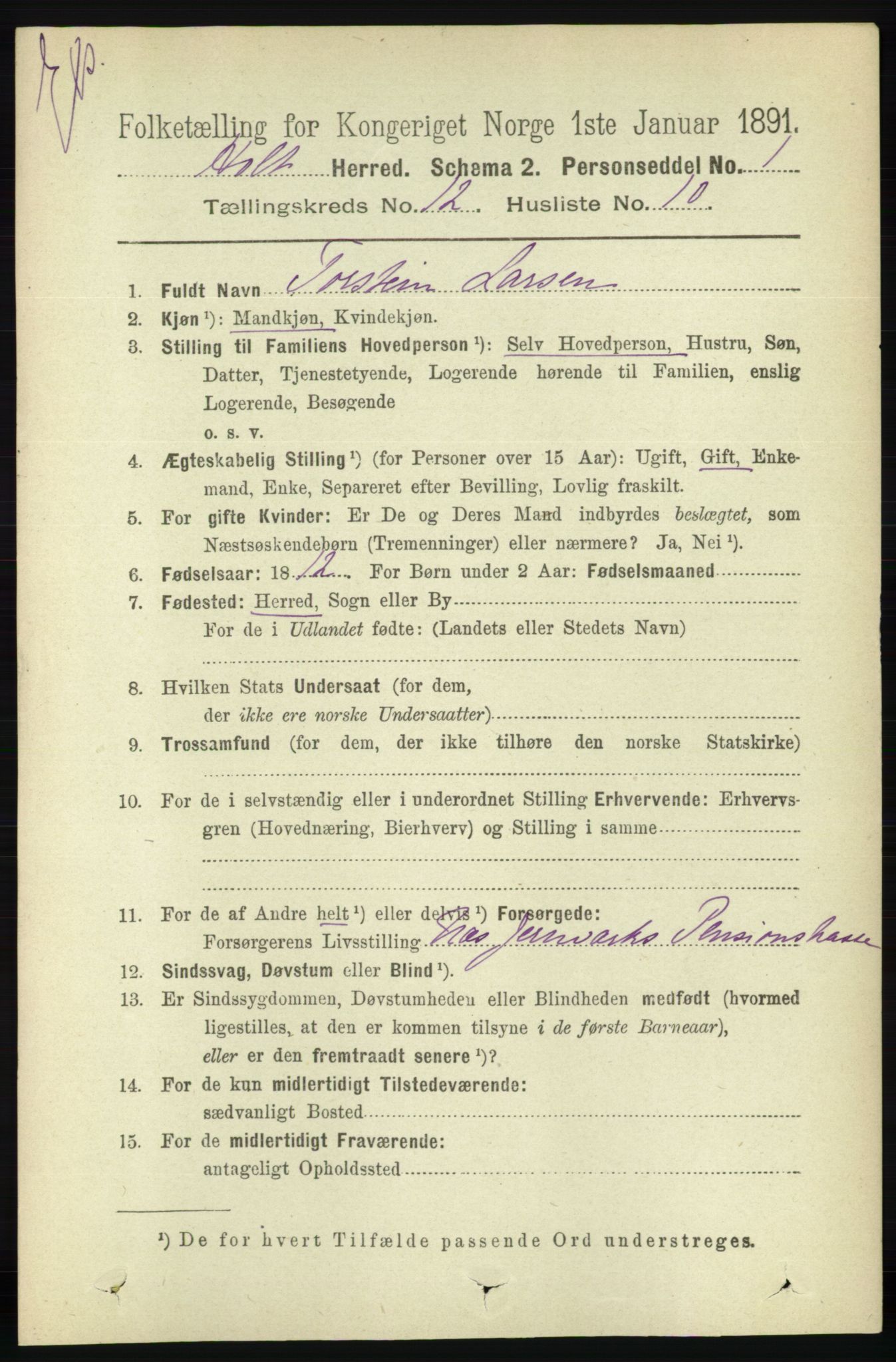 RA, Census 1891 for Nedenes amt: Gjenparter av personsedler for beslektede ektefeller, menn, 1891, p. 341