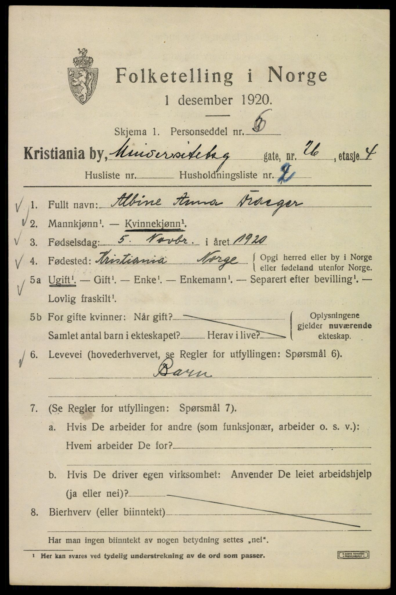 SAO, 1920 census for Kristiania, 1920, p. 618887