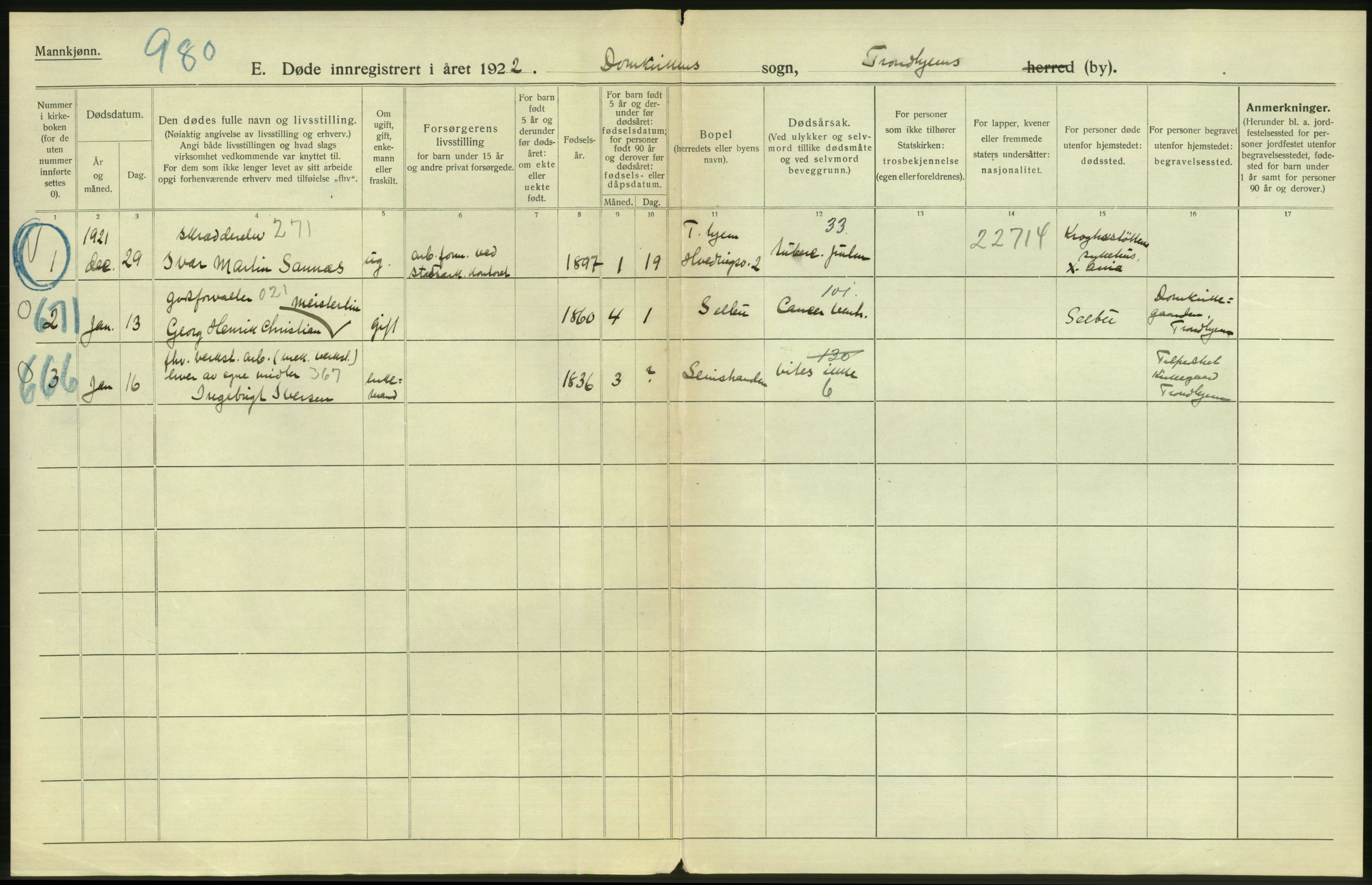 Statistisk sentralbyrå, Sosiodemografiske emner, Befolkning, AV/RA-S-2228/D/Df/Dfc/Dfcb/L0040: Trondheim: Gifte, døde, dødfødte., 1922, p. 346