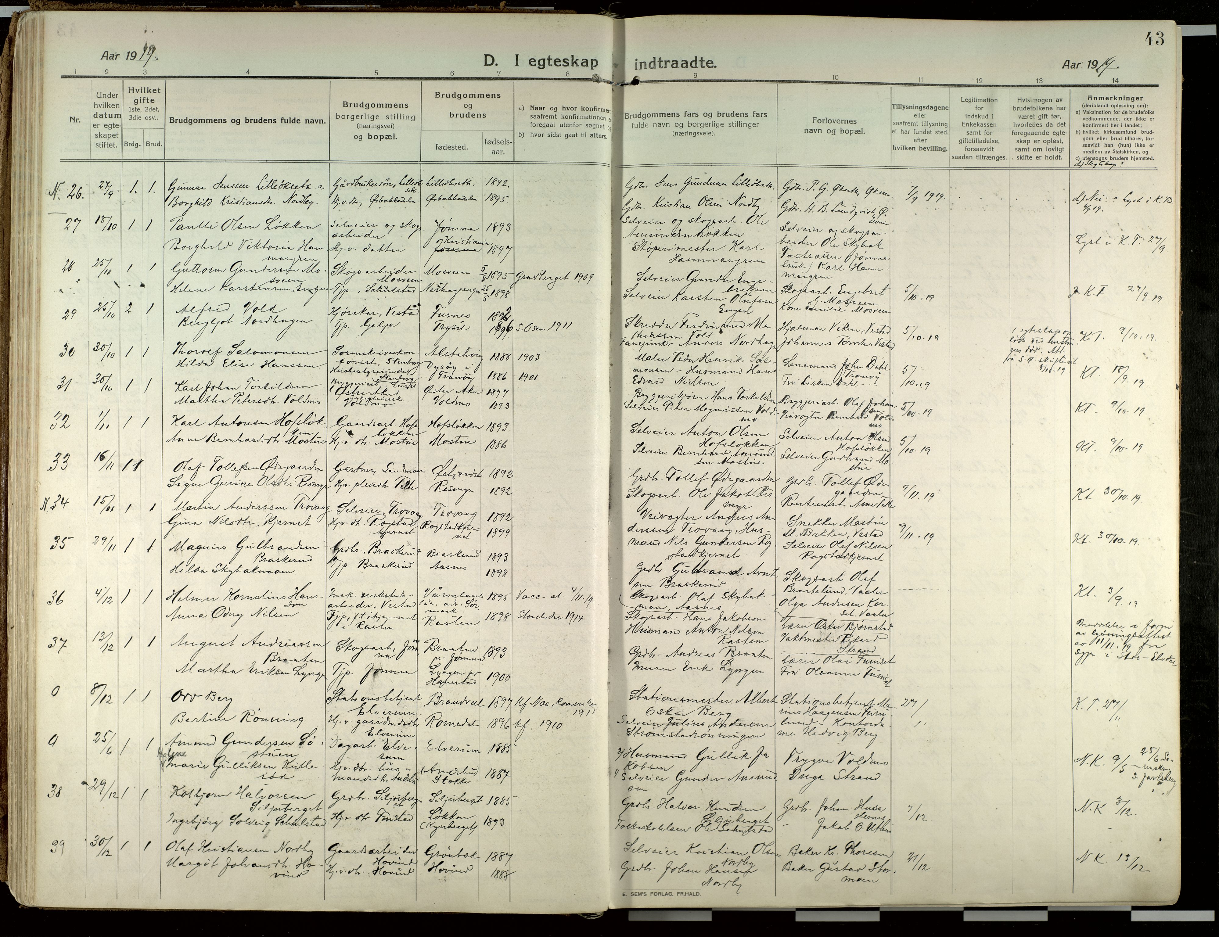 Elverum prestekontor, AV/SAH-PREST-044/H/Ha/Haa/L0021: Parish register (official) no. 21, 1913-1928, p. 43