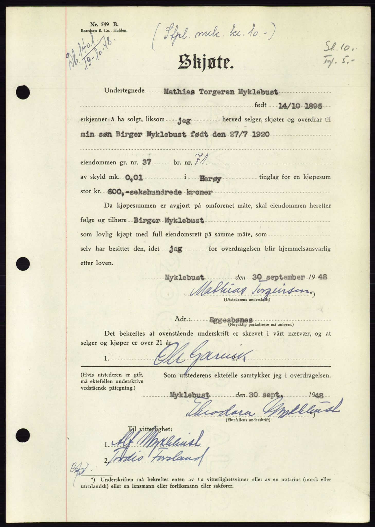 Søre Sunnmøre sorenskriveri, AV/SAT-A-4122/1/2/2C/L0083: Mortgage book no. 9A, 1948-1949, Diary no: : 1401/1948