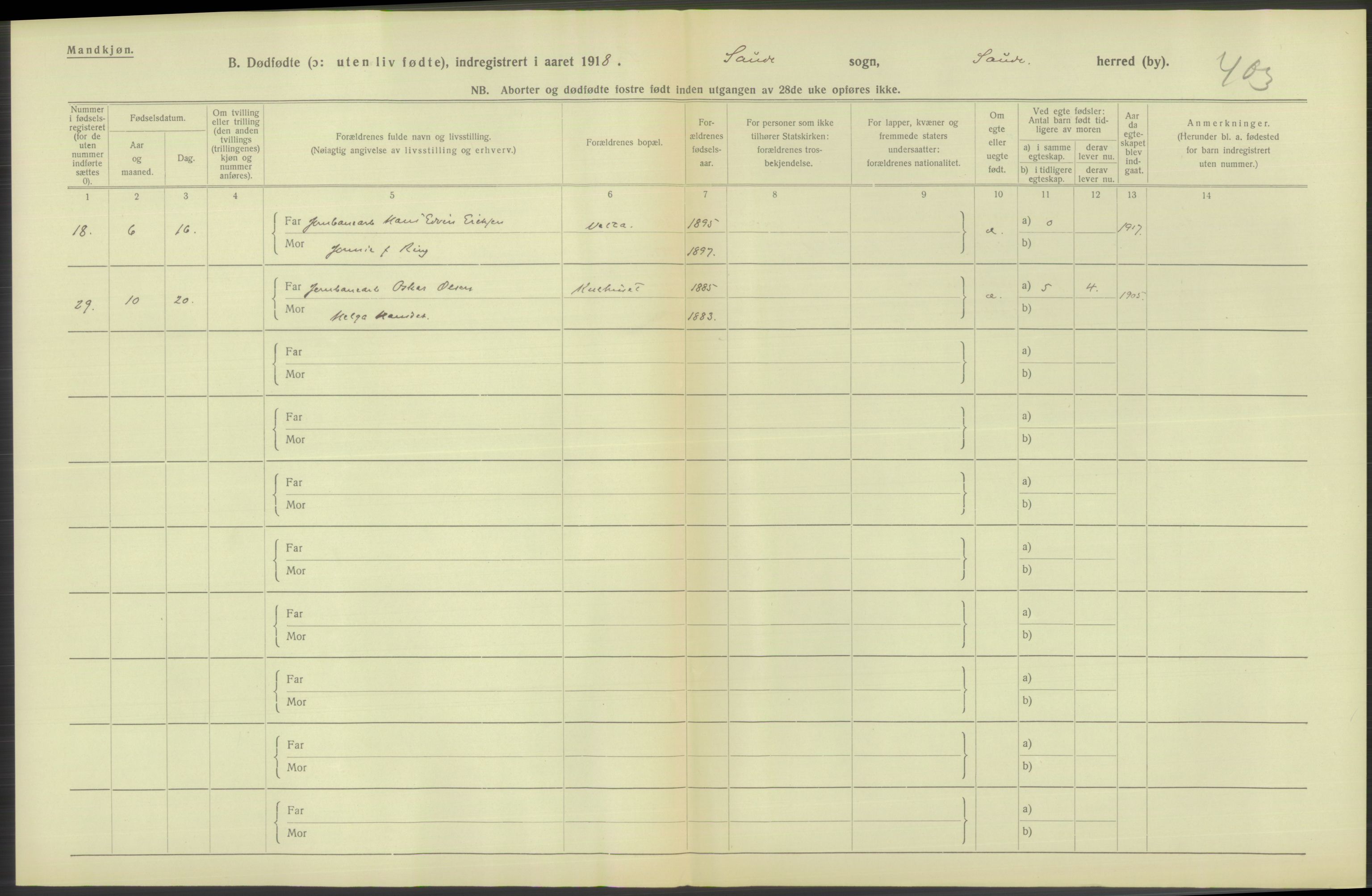 Statistisk sentralbyrå, Sosiodemografiske emner, Befolkning, AV/RA-S-2228/D/Df/Dfb/Dfbh/L0025: Telemark fylke: Gifte, dødfødte. Bygder og byer., 1918, p. 322