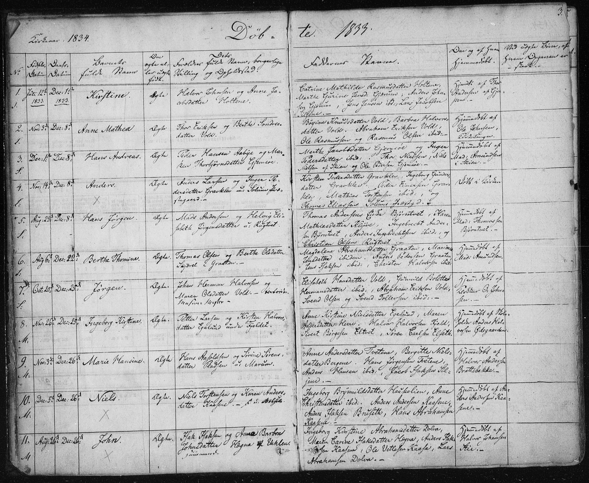 Solum kirkebøker, SAKO/A-306/F/Fa/L0005: Parish register (official) no. I 5, 1833-1843, p. 3