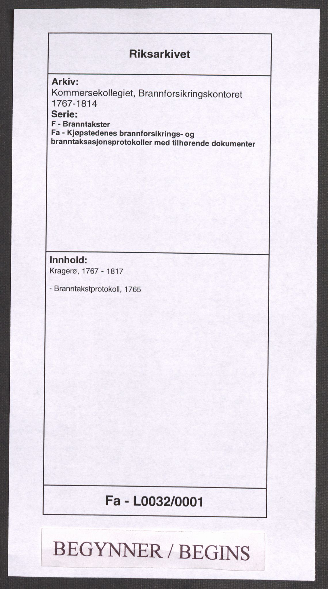 Kommersekollegiet, Brannforsikringskontoret 1767-1814, AV/RA-EA-5458/F/Fa/L0032/0001: Kragerø / Branntakstprotokoll, 1765