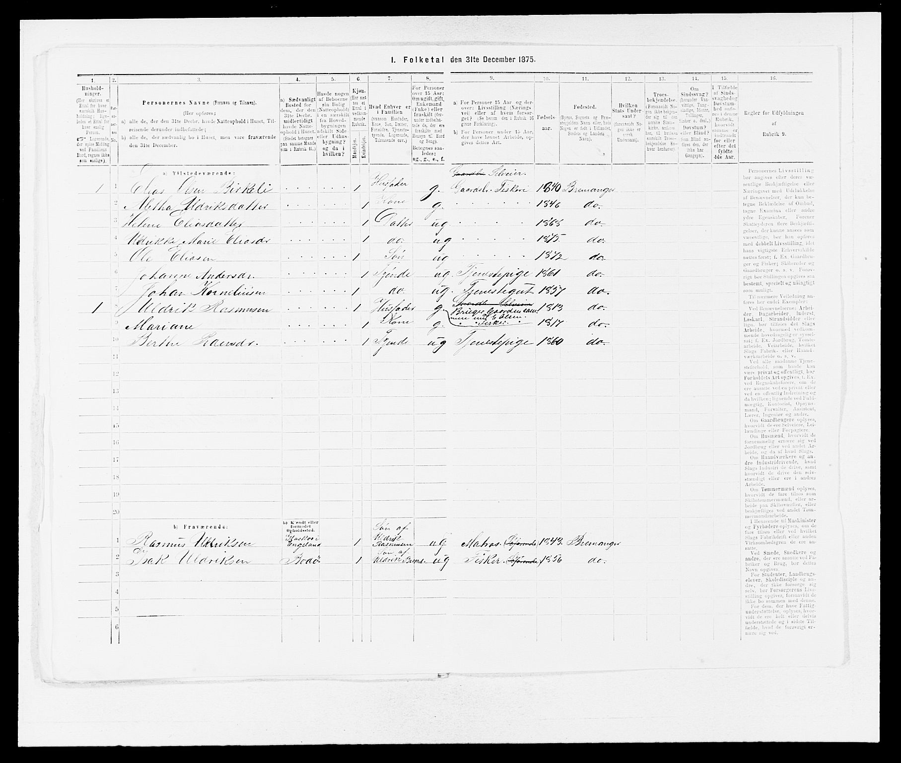 SAB, 1875 Census for 1438P Bremanger, 1875, p. 602