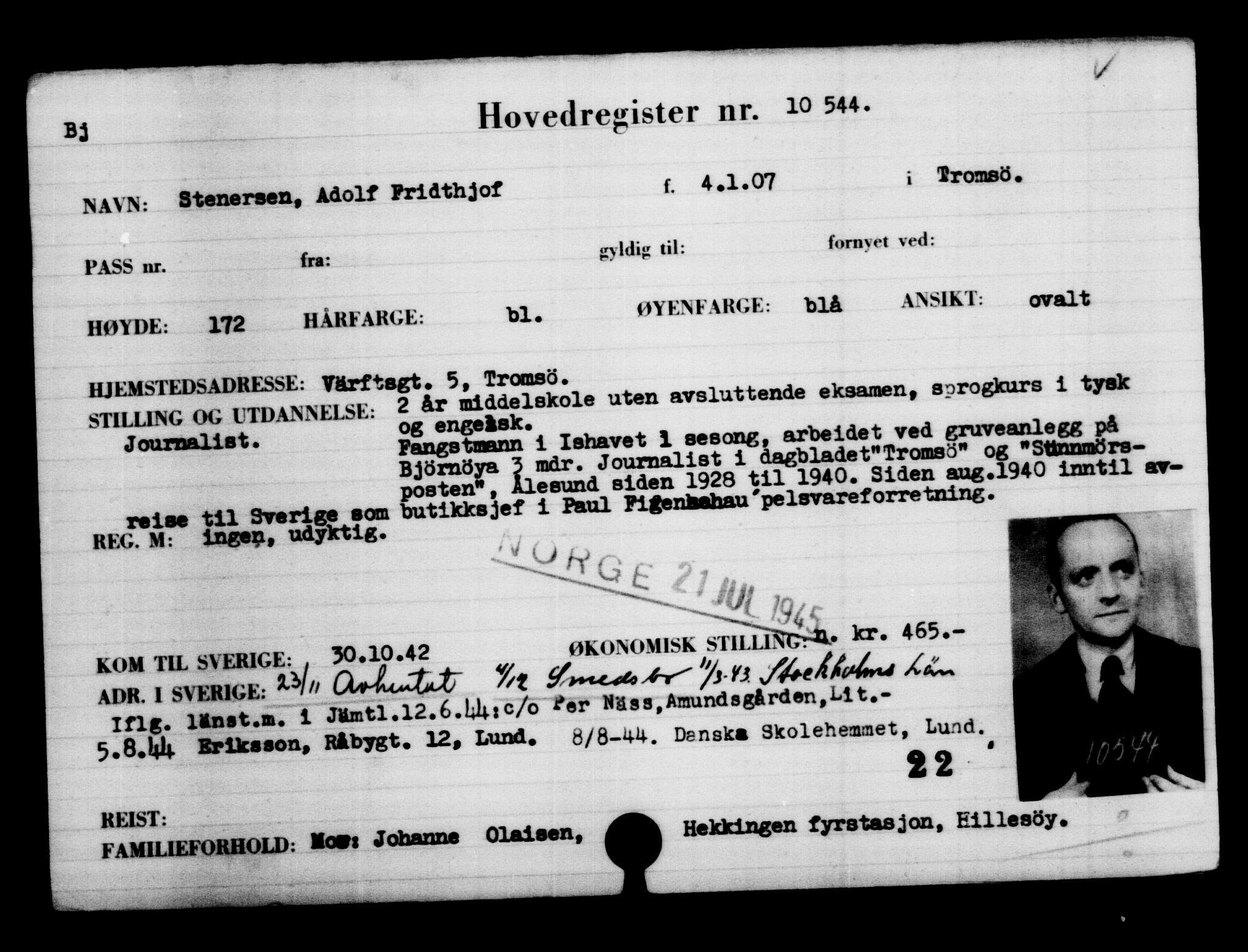 Utenriksstasjonene, Legasjonen i Stockholm, Flyktningkontoret, AV/RA-S-6753/V/Va/L0006: Kjesäterkartoteket, flyktninger med registreringsnr. 9400-12711, 1940-1945, p. 1318