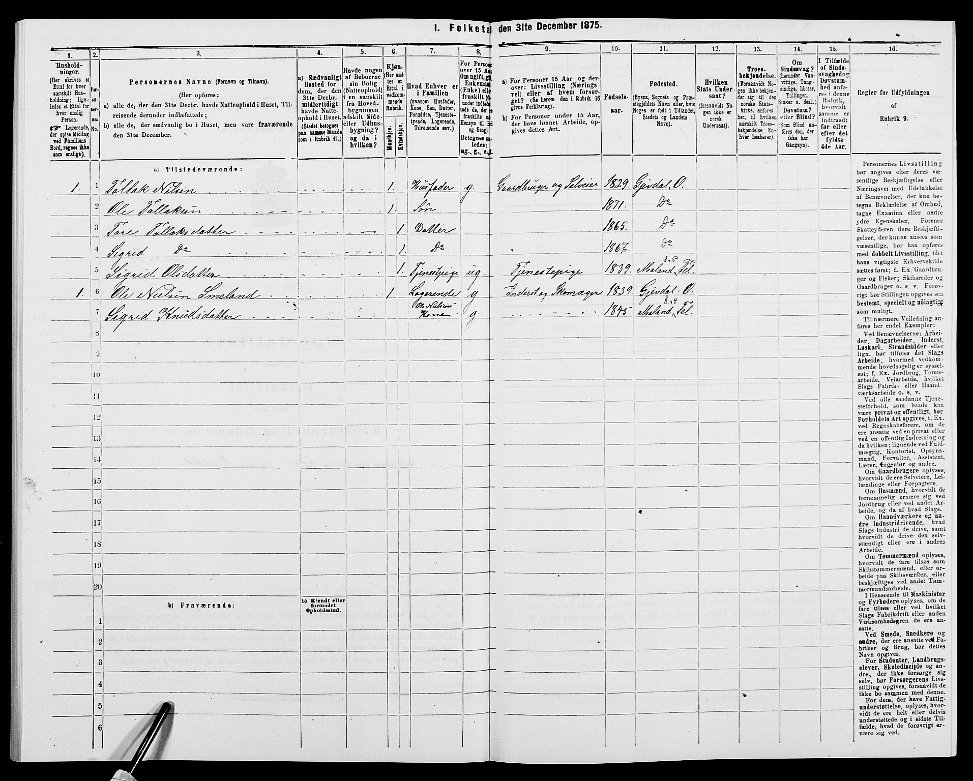 SAK, 1875 census for 0929P Åmli, 1875, p. 109