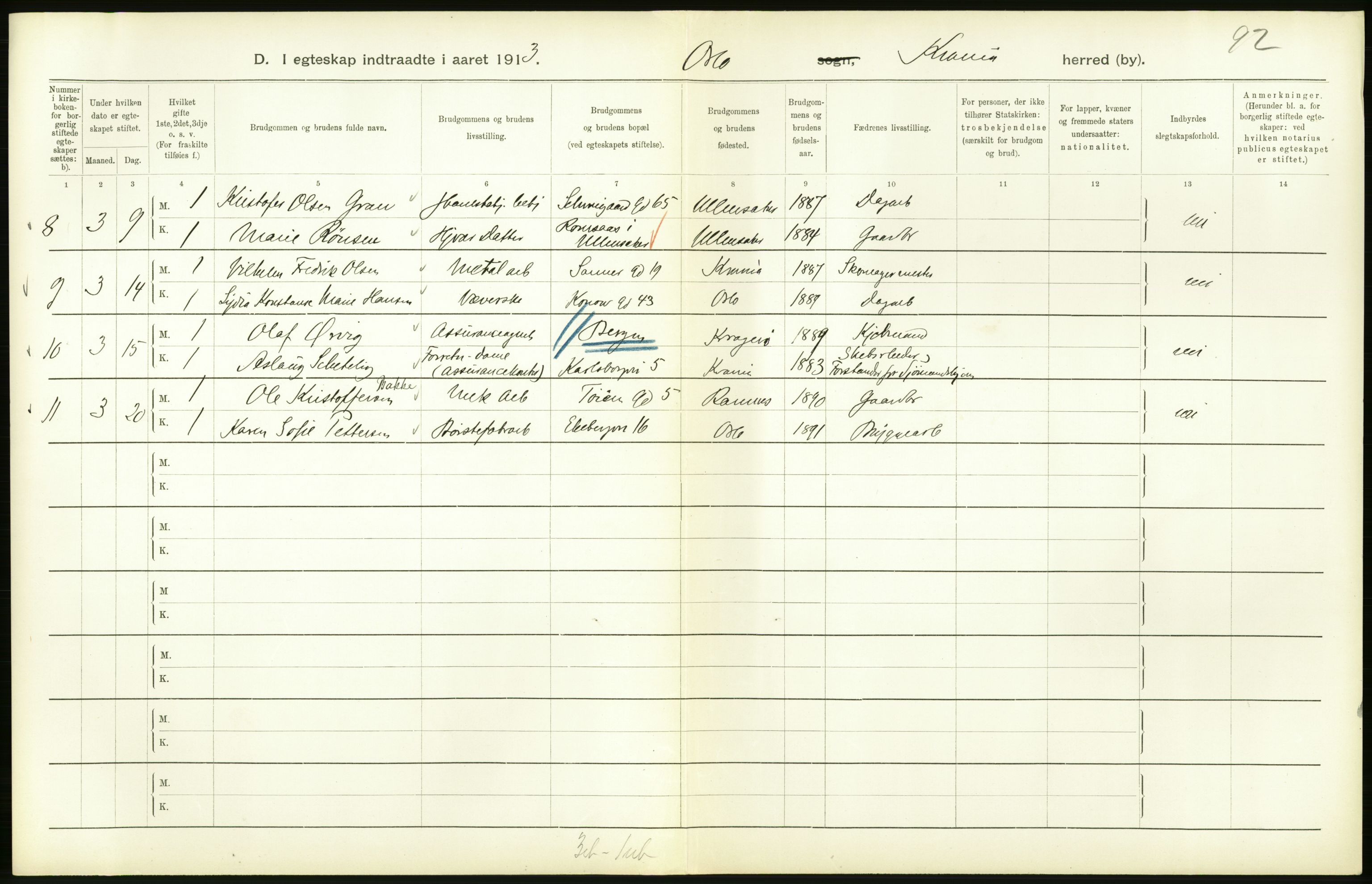 Statistisk sentralbyrå, Sosiodemografiske emner, Befolkning, RA/S-2228/D/Df/Dfb/Dfbc/L0008: Kristiania: Gifte., 1913, p. 108