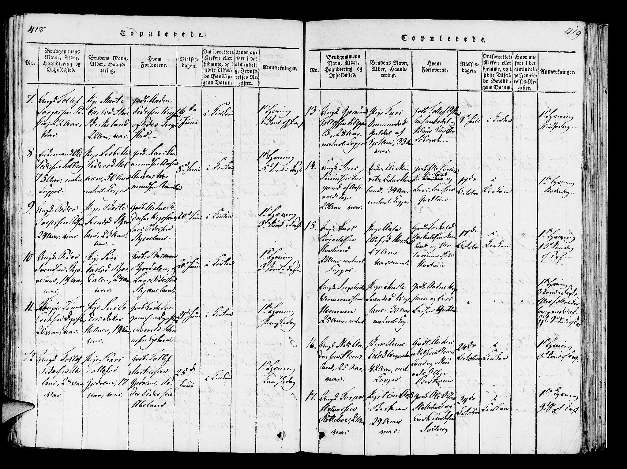 Helleland sokneprestkontor, AV/SAST-A-101810: Parish register (official) no. A 5, 1815-1834, p. 418-419