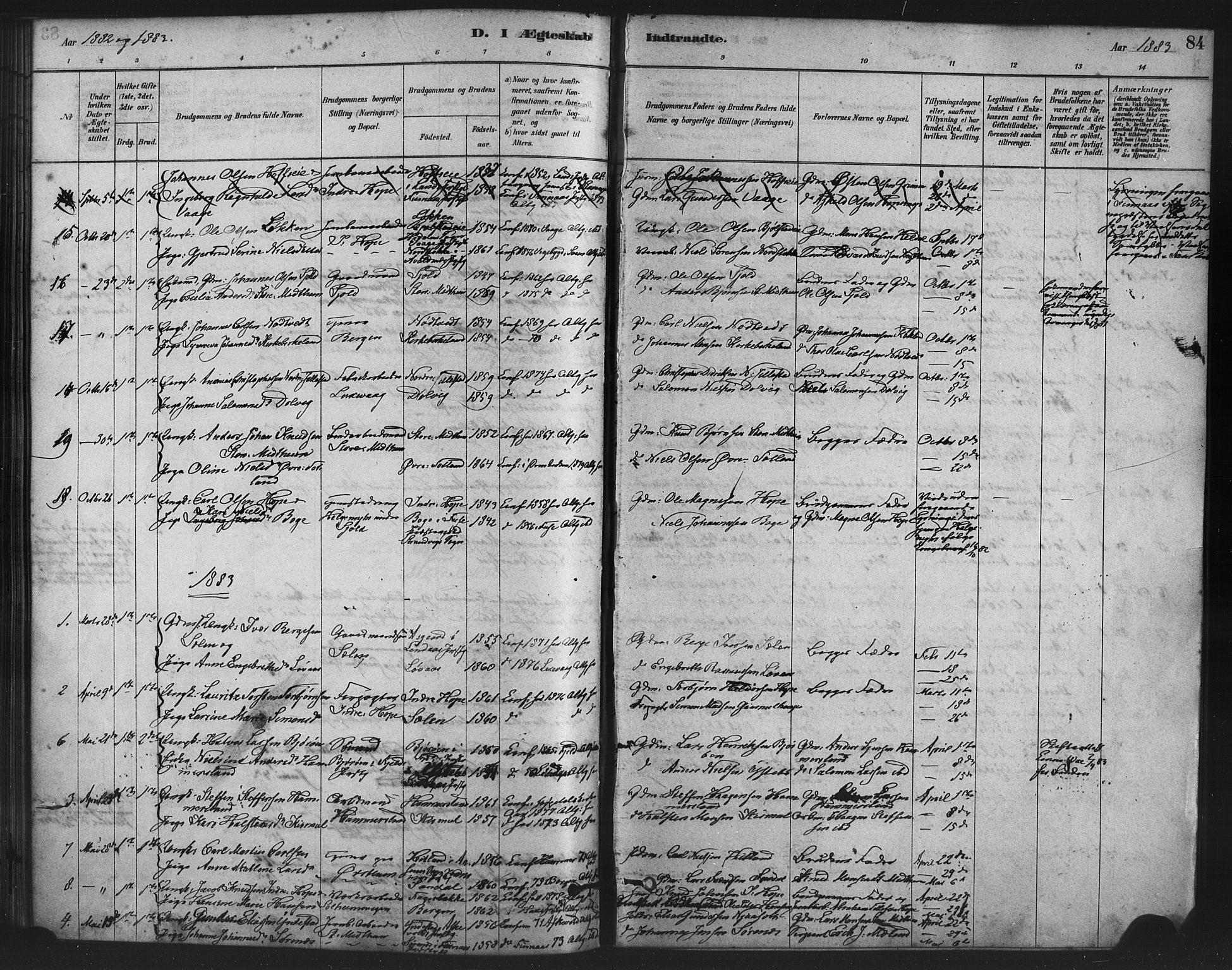 Fana Sokneprestembete, AV/SAB-A-75101/H/Haa/Haai/L0001: Parish register (official) no. I 1, 1878-1888, p. 84