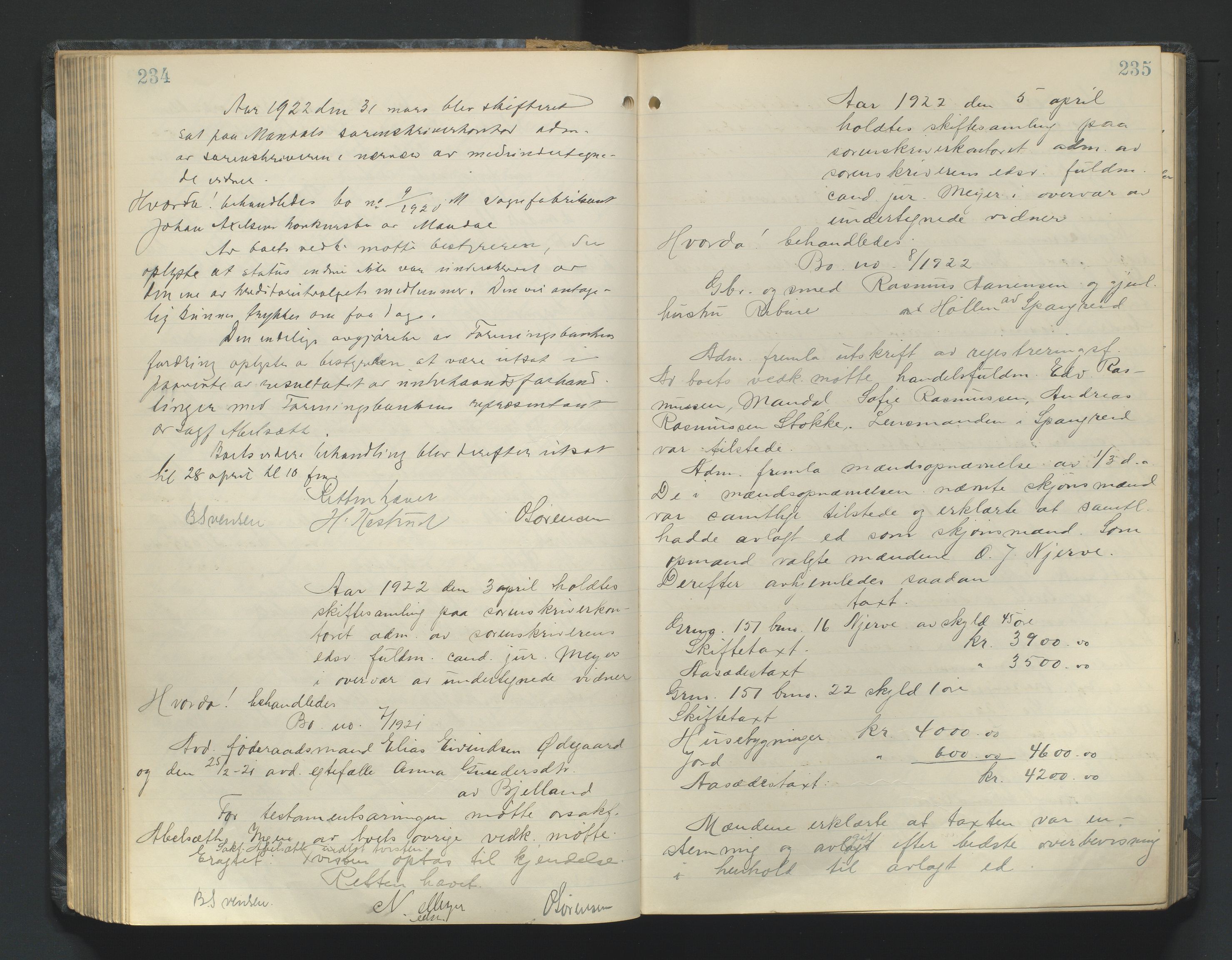 Mandal sorenskriveri, AV/SAK-1221-0005/001/H/Hc/L0084: Skifteforhandlingsprotokoll nr 16, 1921-1924, p. 234-235