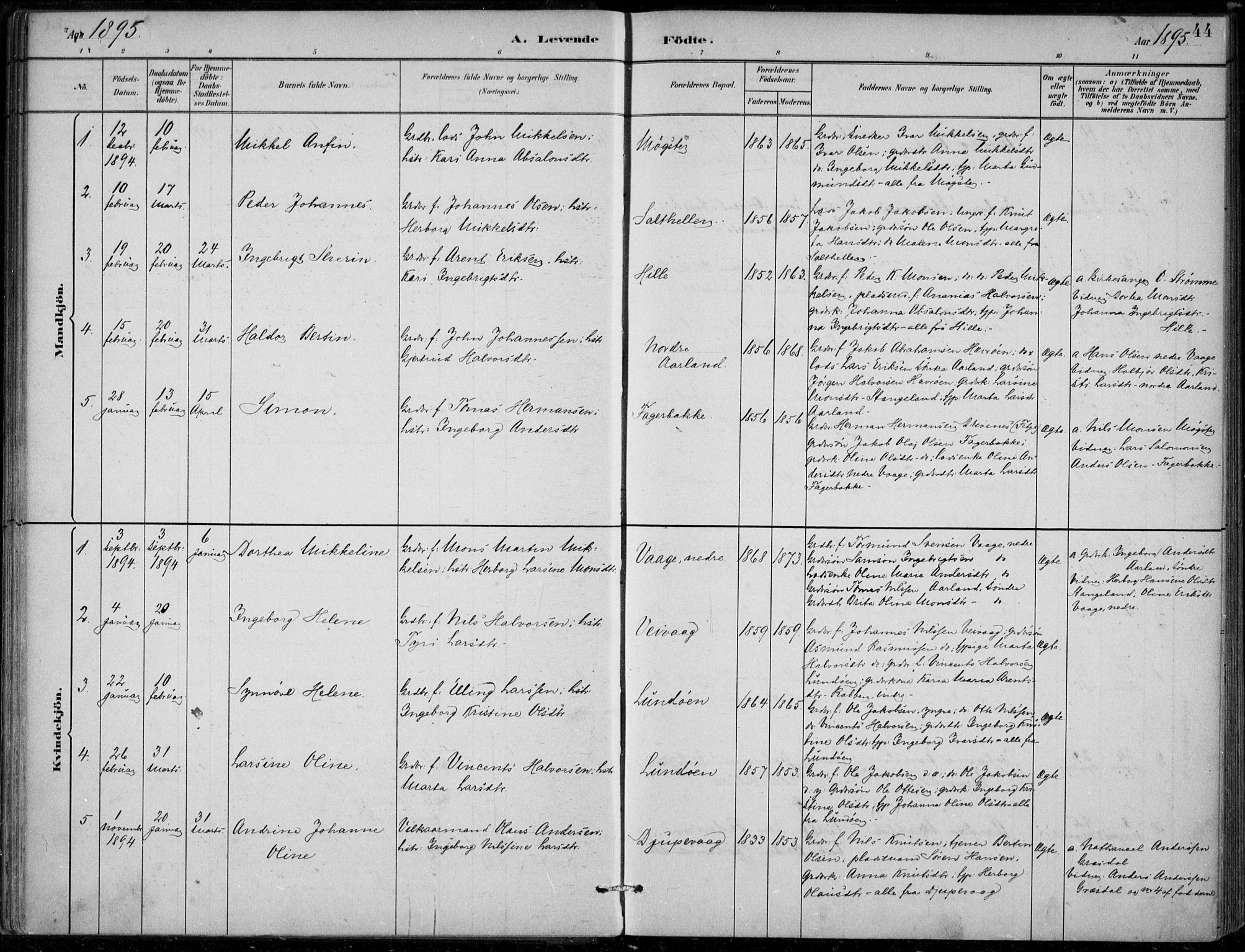 Sund sokneprestembete, AV/SAB-A-99930: Parish register (official) no. D 1, 1882-1899, p. 44