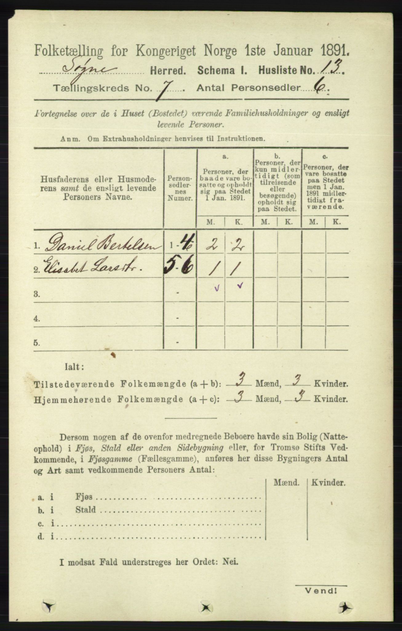 RA, 1891 census for 1018 Søgne, 1891, p. 1436