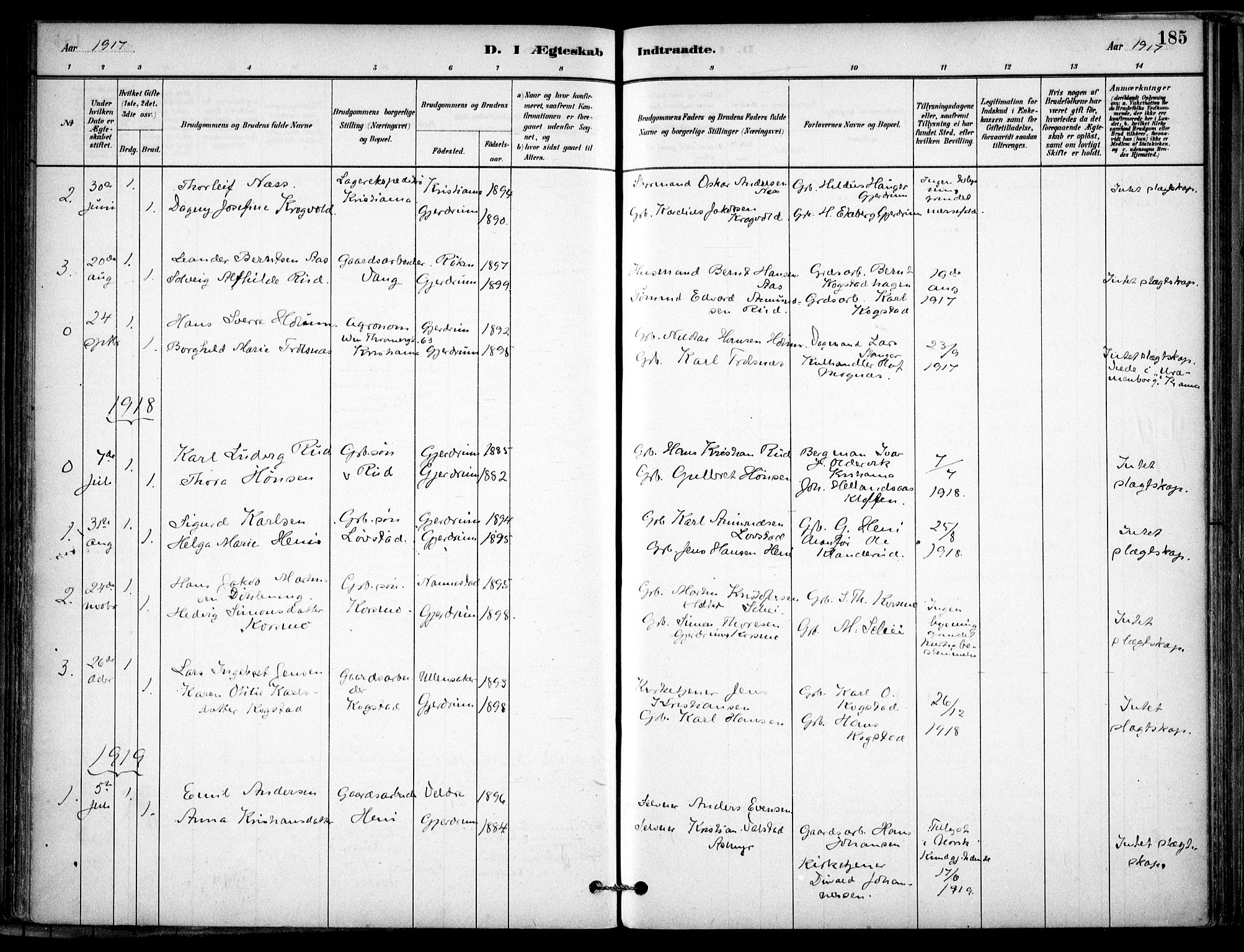 Gjerdrum prestekontor Kirkebøker, SAO/A-10412b/F/Fb/L0001: Parish register (official) no. II 1, 1881-1921, p. 185