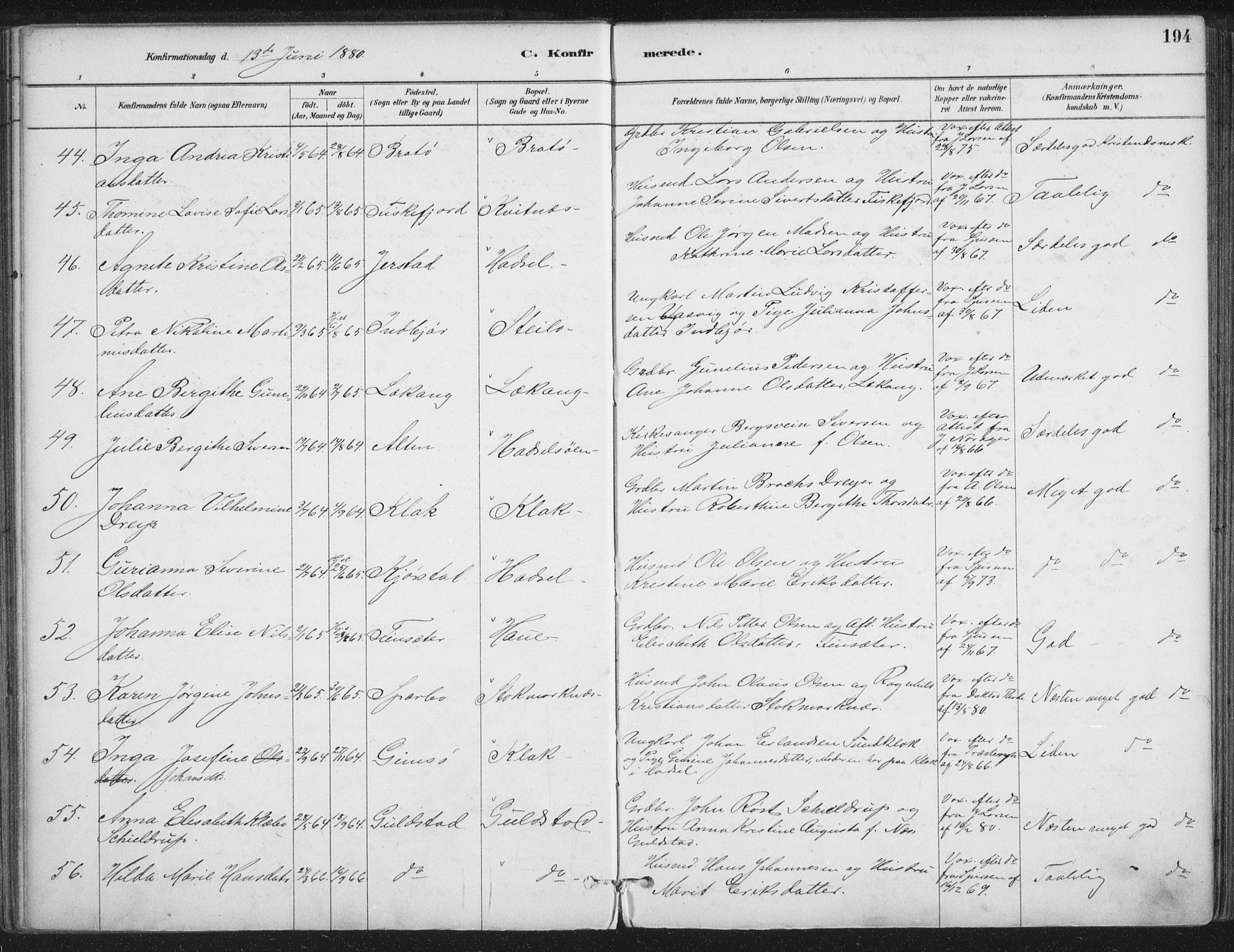 Ministerialprotokoller, klokkerbøker og fødselsregistre - Nordland, AV/SAT-A-1459/888/L1244: Parish register (official) no. 888A10, 1880-1890, p. 194