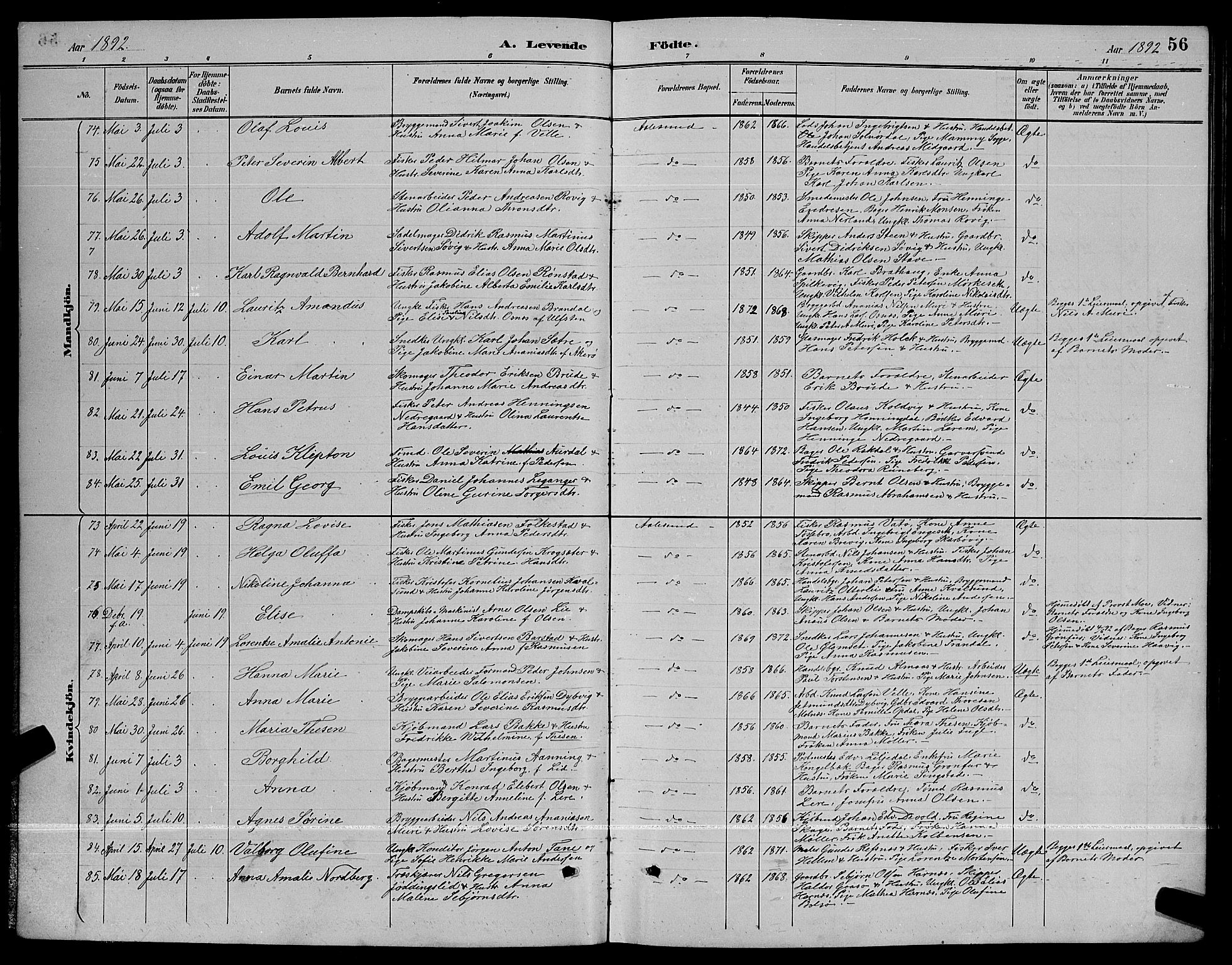 Ministerialprotokoller, klokkerbøker og fødselsregistre - Møre og Romsdal, AV/SAT-A-1454/529/L0467: Parish register (copy) no. 529C04, 1889-1897, p. 56