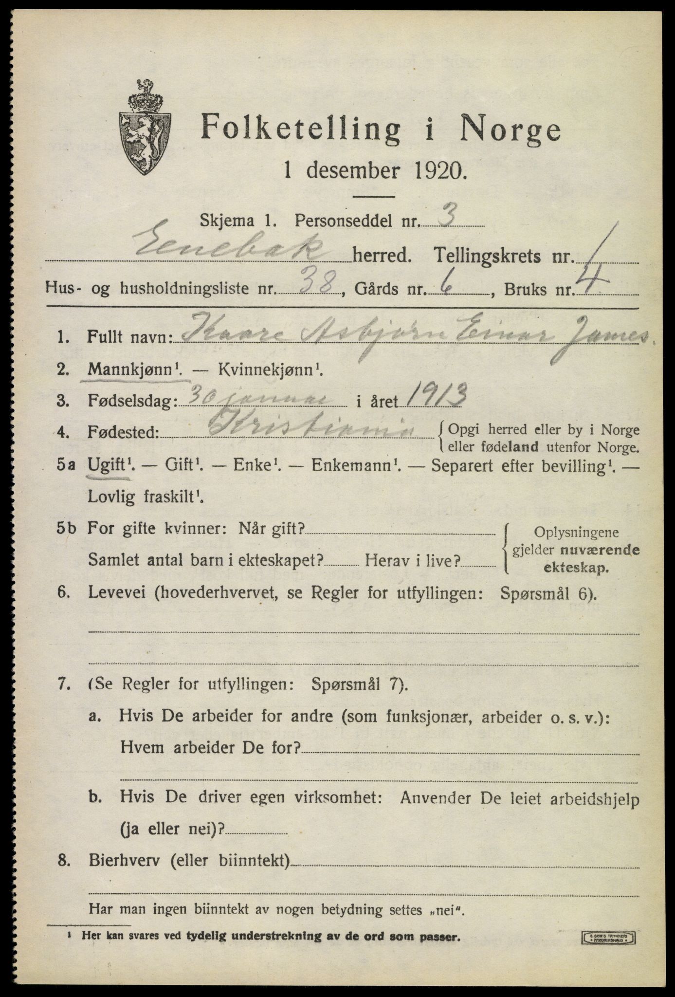 SAO, 1920 census for Enebakk, 1920, p. 1537