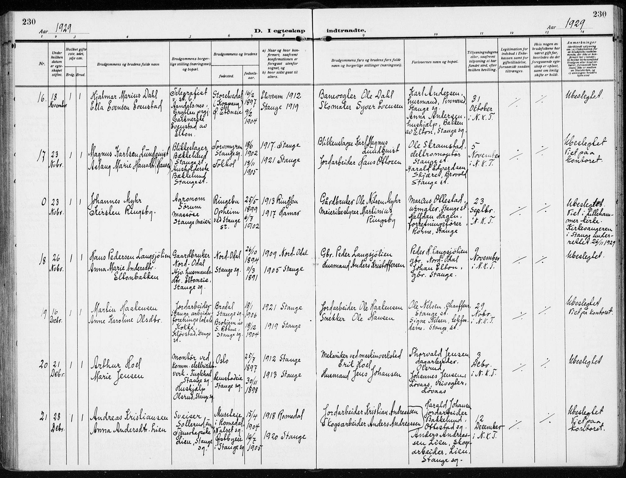 Stange prestekontor, AV/SAH-PREST-002/K/L0026: Parish register (official) no. 26, 1923-1937, p. 230