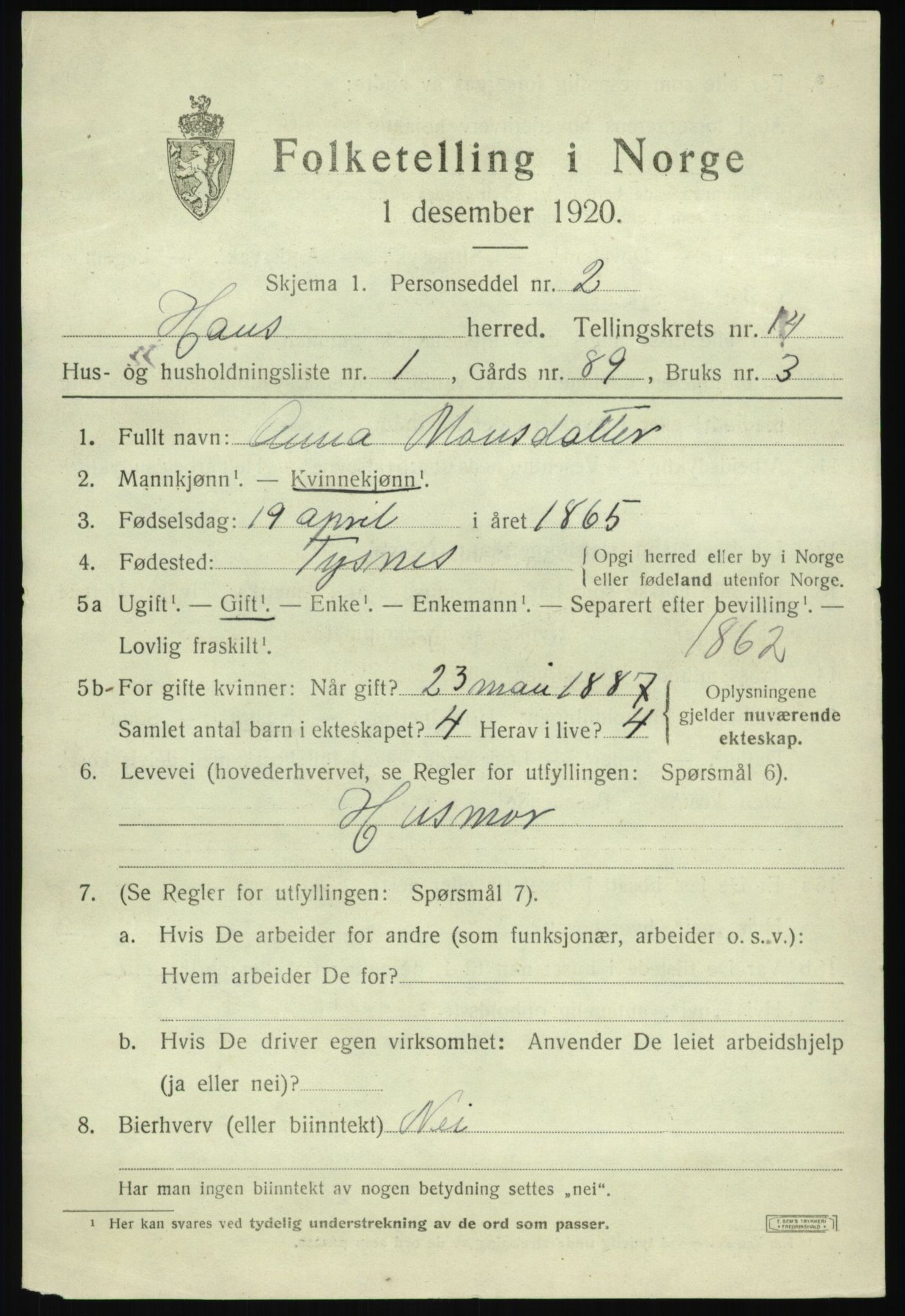 SAB, 1920 census for Haus, 1920, p. 8789