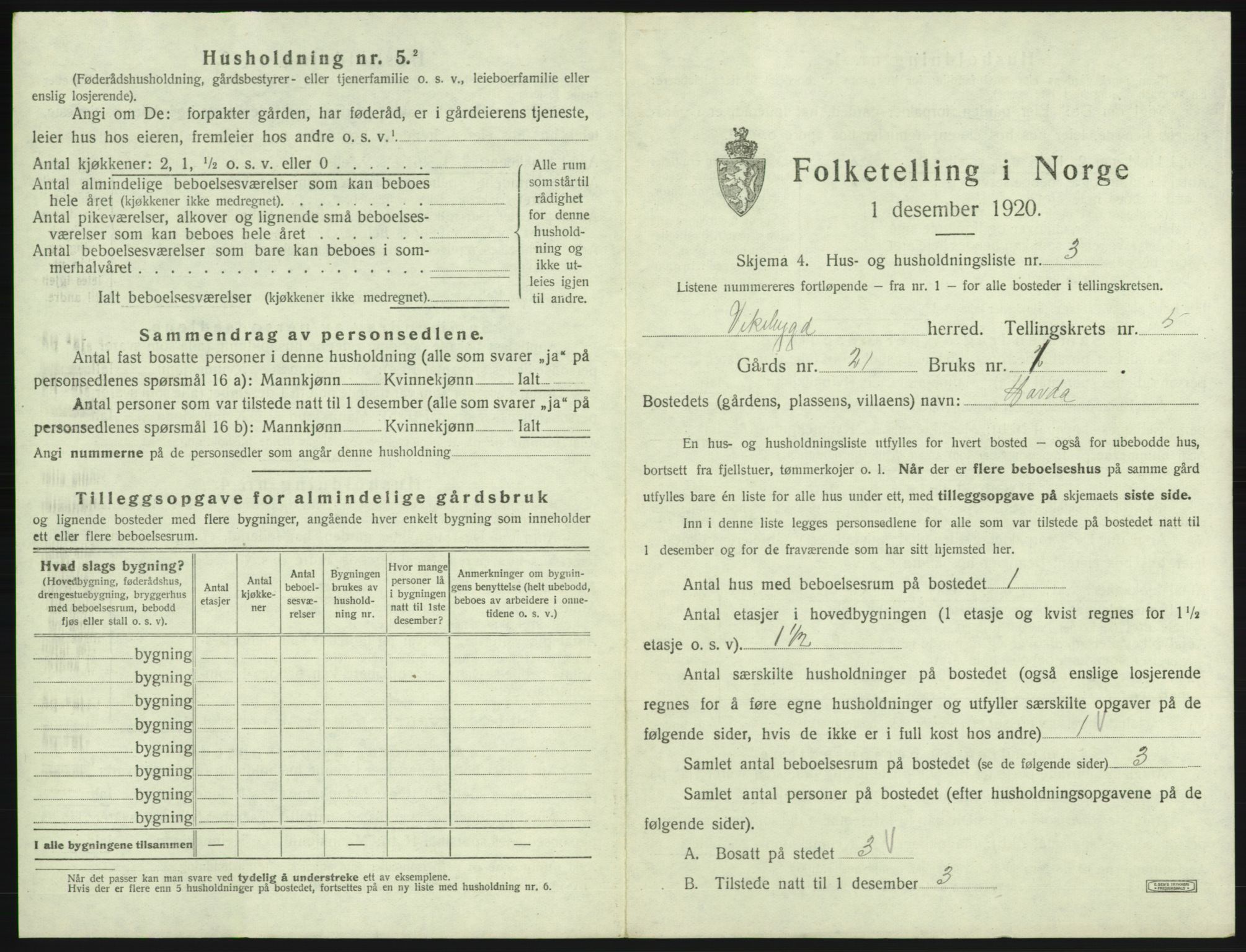 SAB, 1920 census for Vikebygd, 1920, p. 284