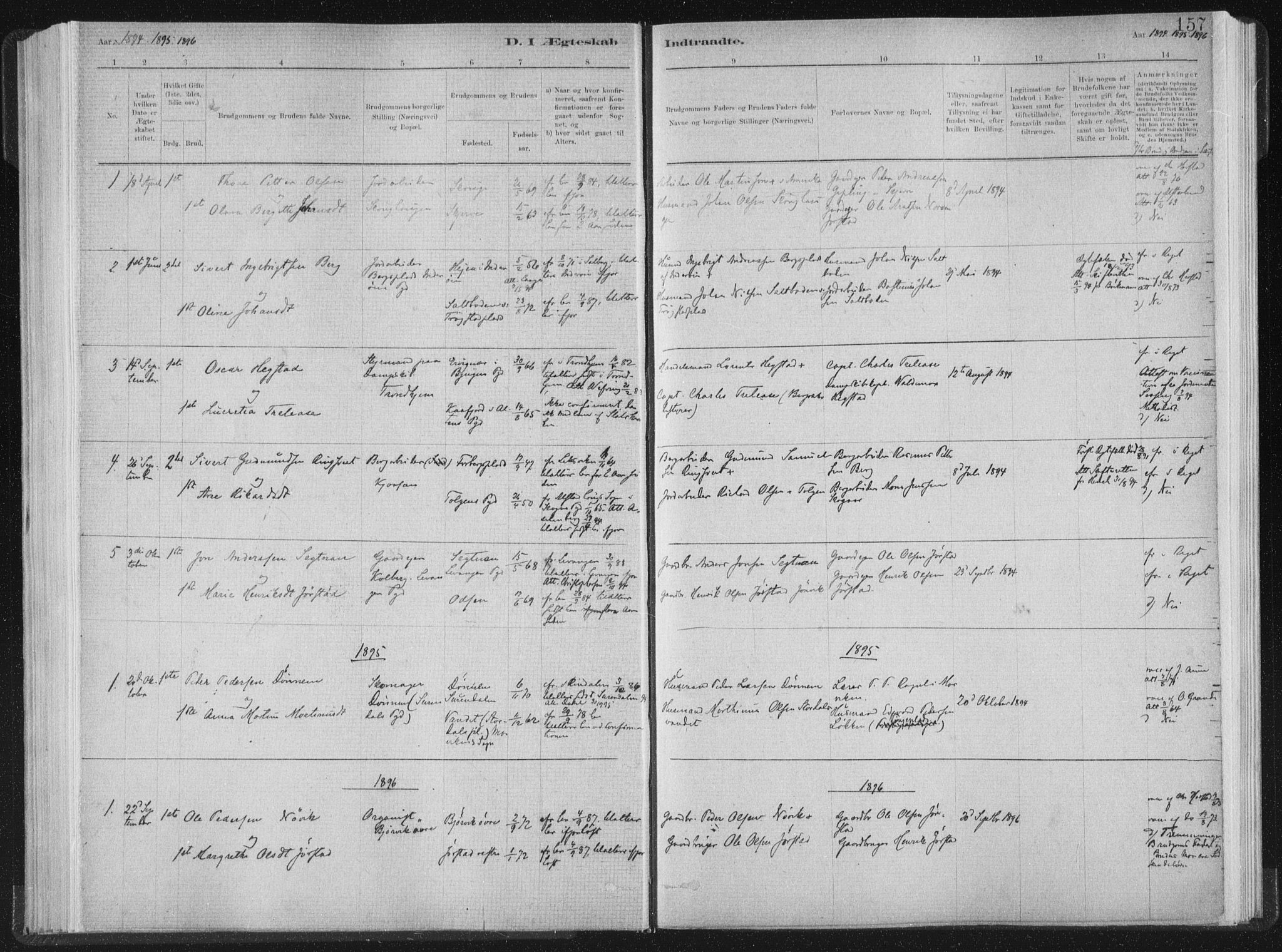 Ministerialprotokoller, klokkerbøker og fødselsregistre - Nord-Trøndelag, AV/SAT-A-1458/722/L0220: Parish register (official) no. 722A07, 1881-1908, p. 157