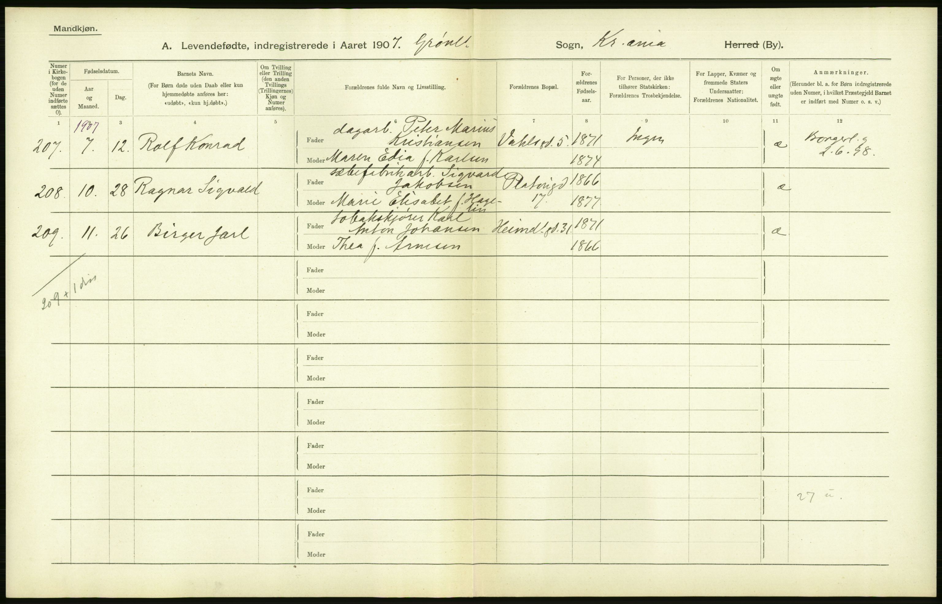 Statistisk sentralbyrå, Sosiodemografiske emner, Befolkning, AV/RA-S-2228/D/Df/Dfa/Dfae/L0007: Kristiania: Levendefødte menn og kvinner., 1907, p. 280