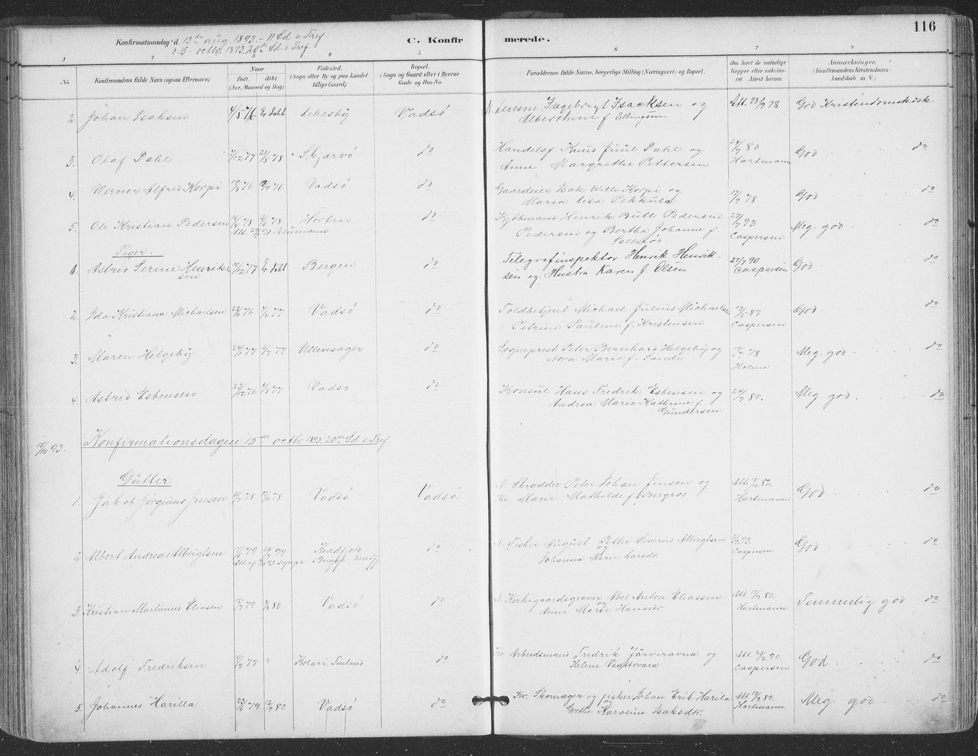 Vadsø sokneprestkontor, AV/SATØ-S-1325/H/Ha/L0006kirke: Parish register (official) no. 6, 1885-1895, p. 116