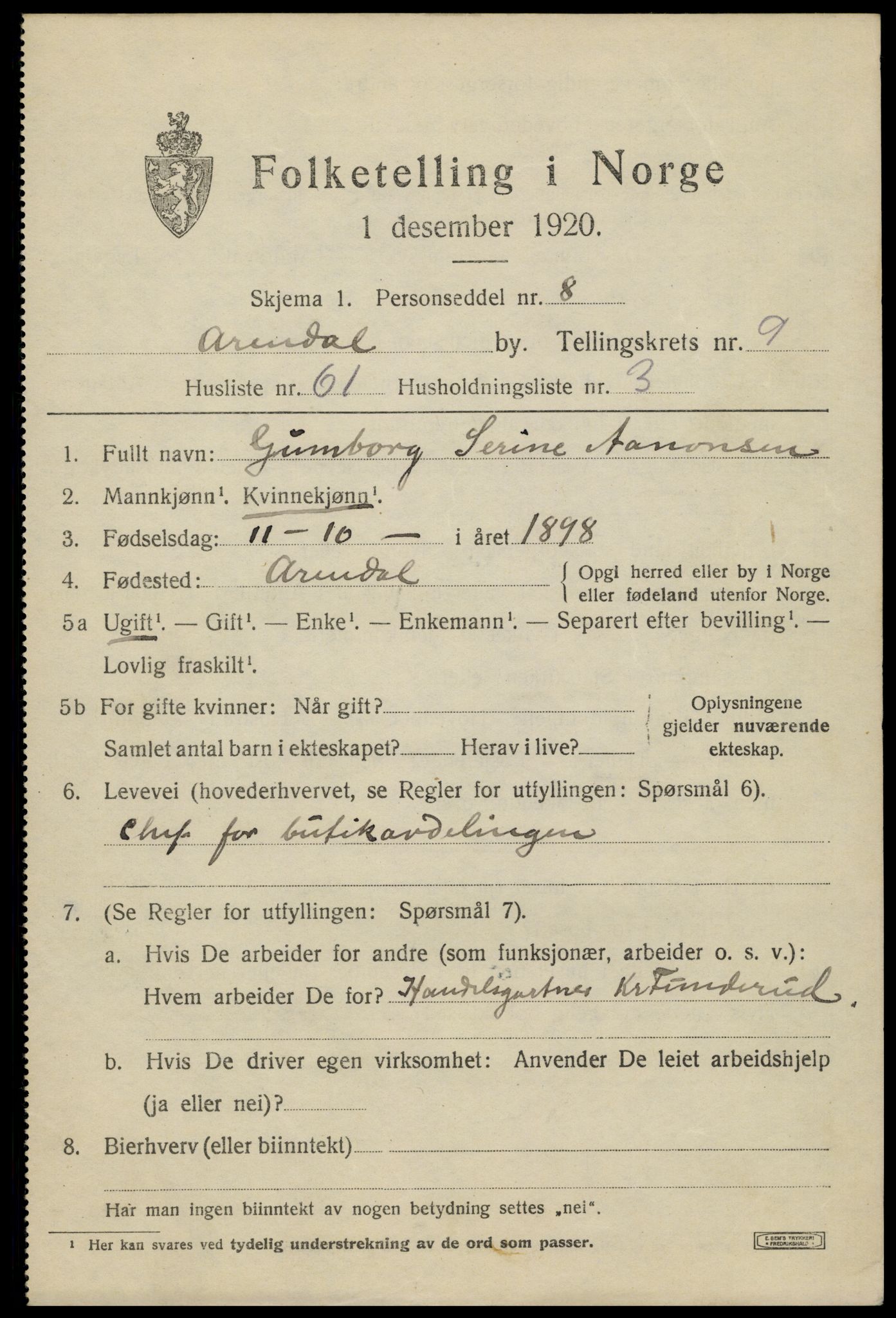 SAK, 1920 census for Arendal, 1920, p. 16814