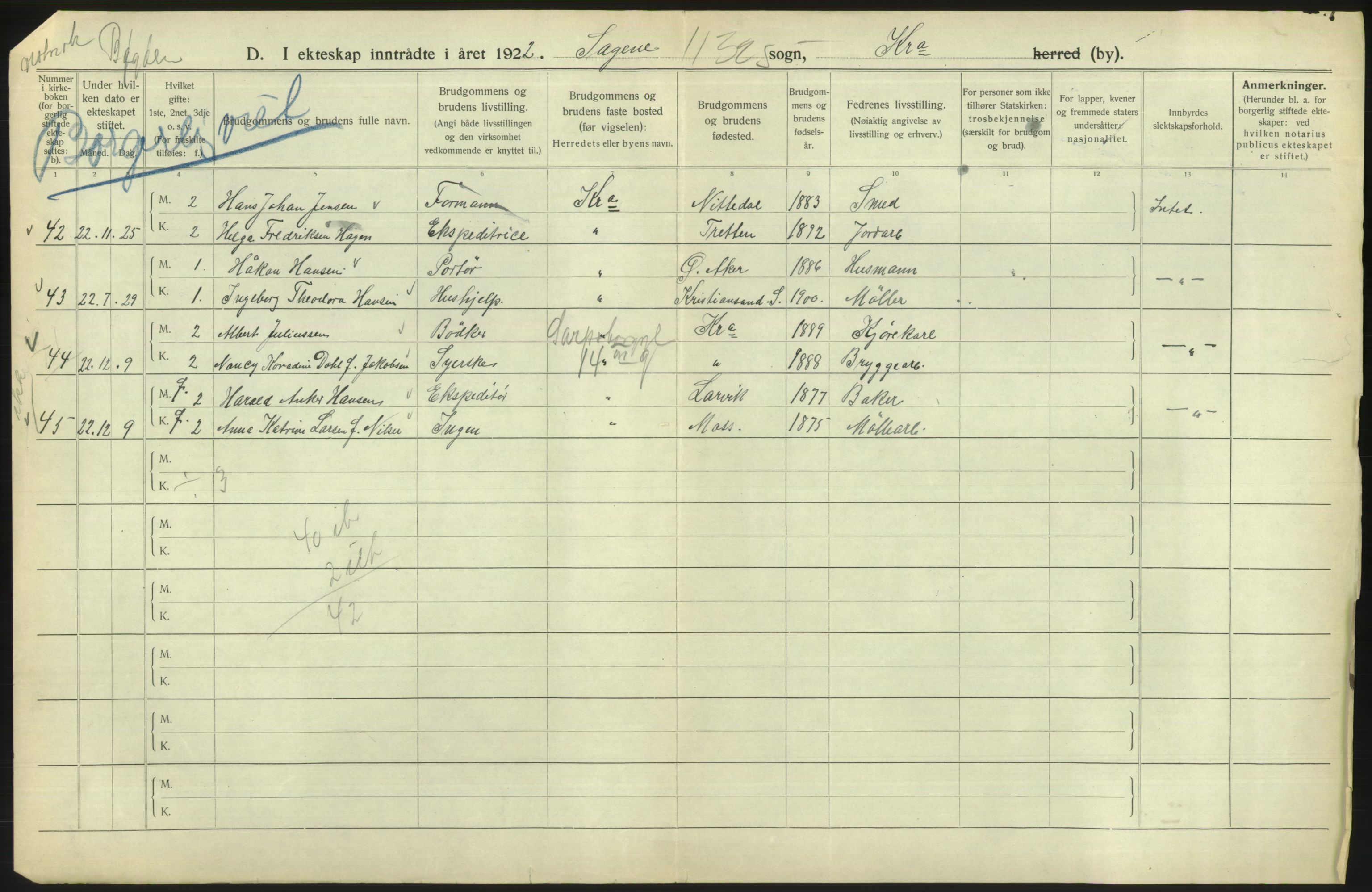 Statistisk sentralbyrå, Sosiodemografiske emner, Befolkning, RA/S-2228/D/Df/Dfc/Dfcb/L0008: Kristiania: Gifte, 1922, p. 364