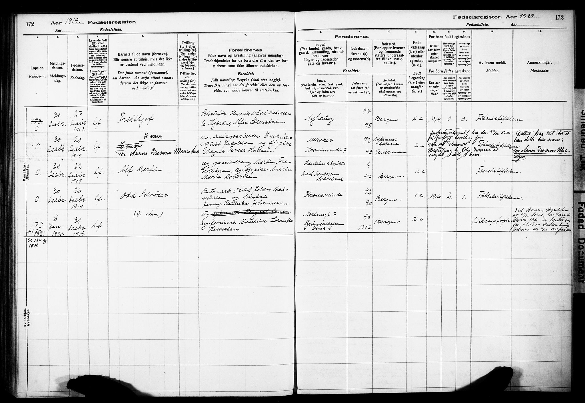 Årstad Sokneprestembete, AV/SAB-A-79301/I/Id/L0A01: Birth register no. A 1, 1916-1920, p. 172