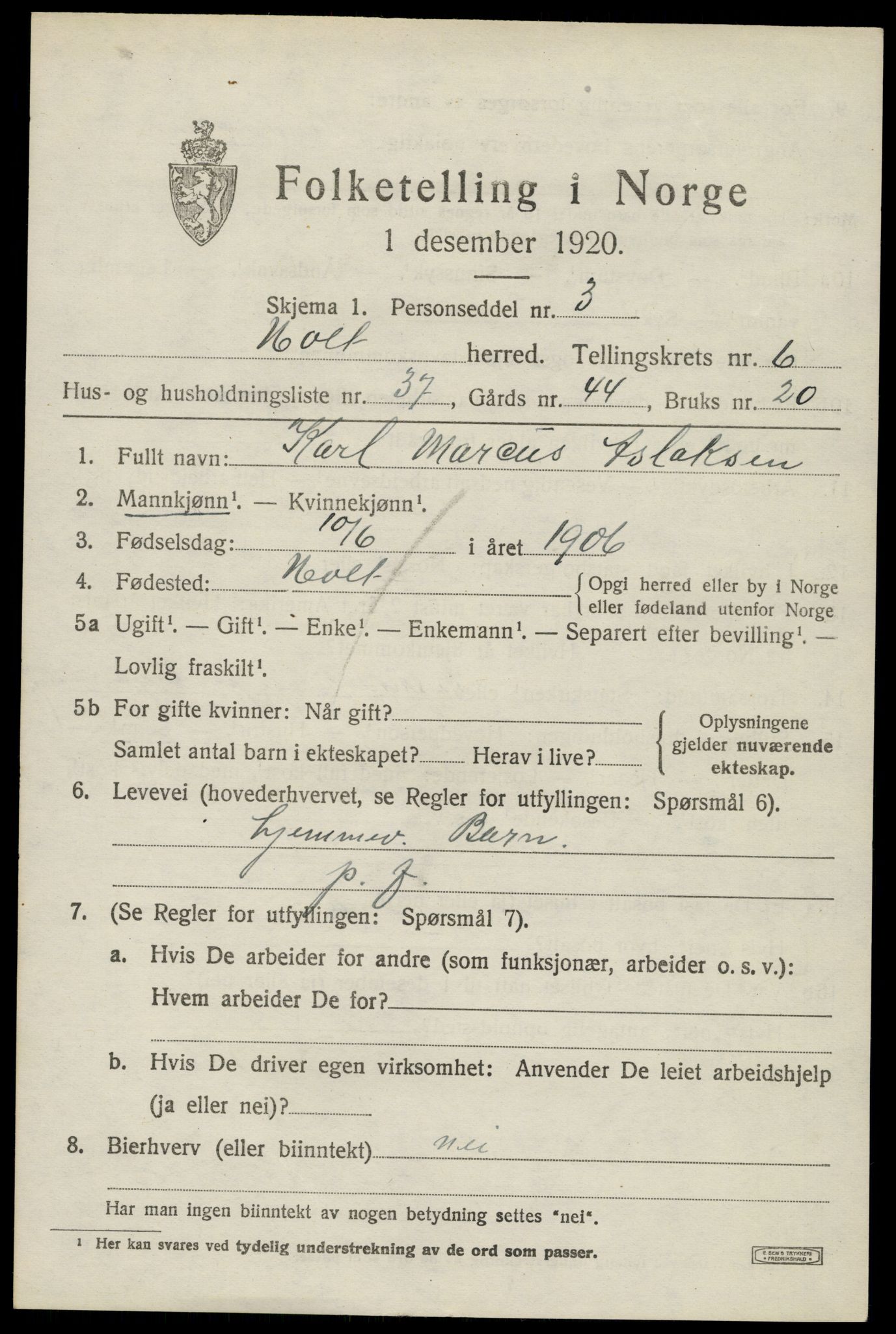 SAK, 1920 census for Holt, 1920, p. 4220