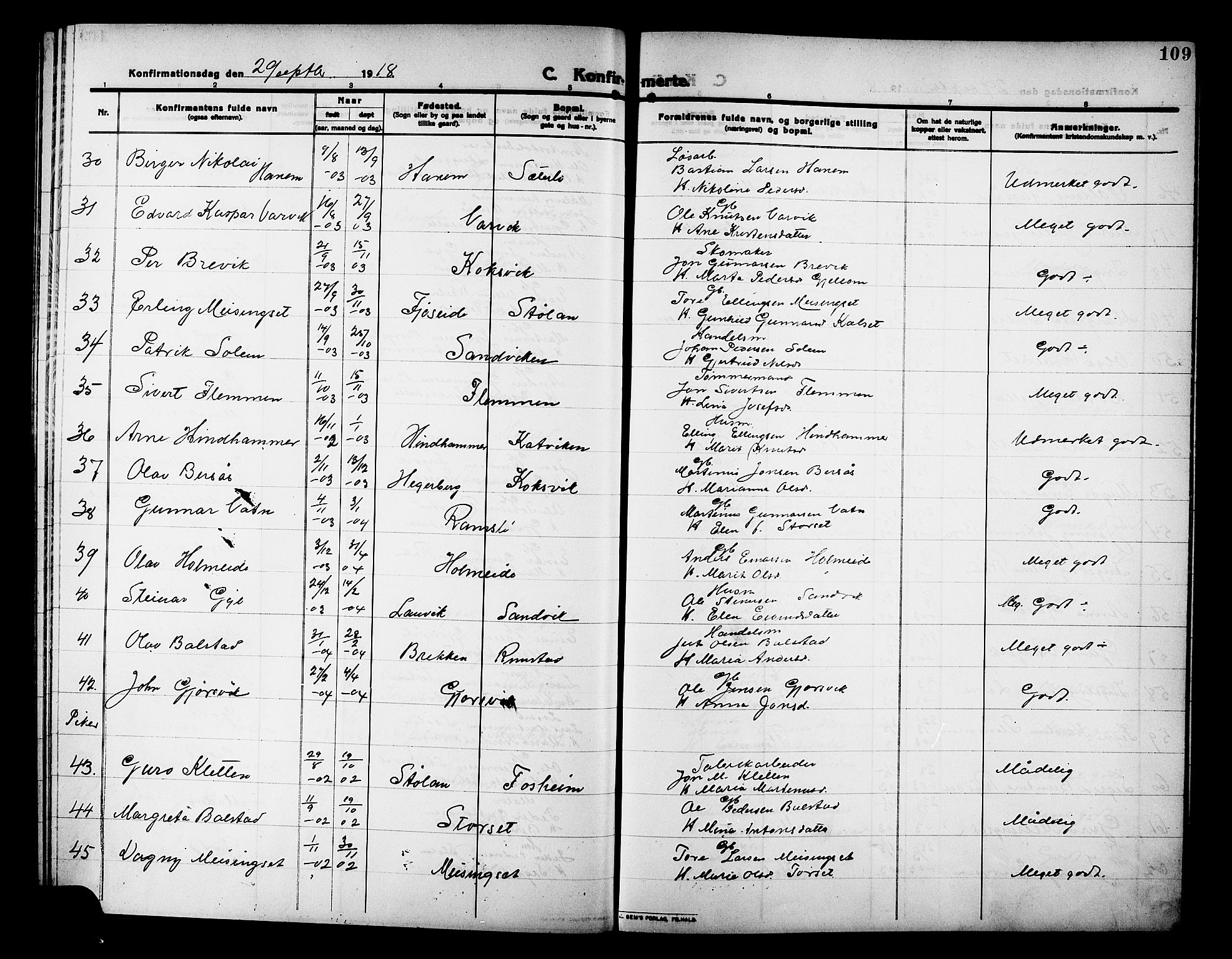 Ministerialprotokoller, klokkerbøker og fødselsregistre - Møre og Romsdal, SAT/A-1454/586/L0993: Parish register (copy) no. 586C04, 1910-1918, p. 109