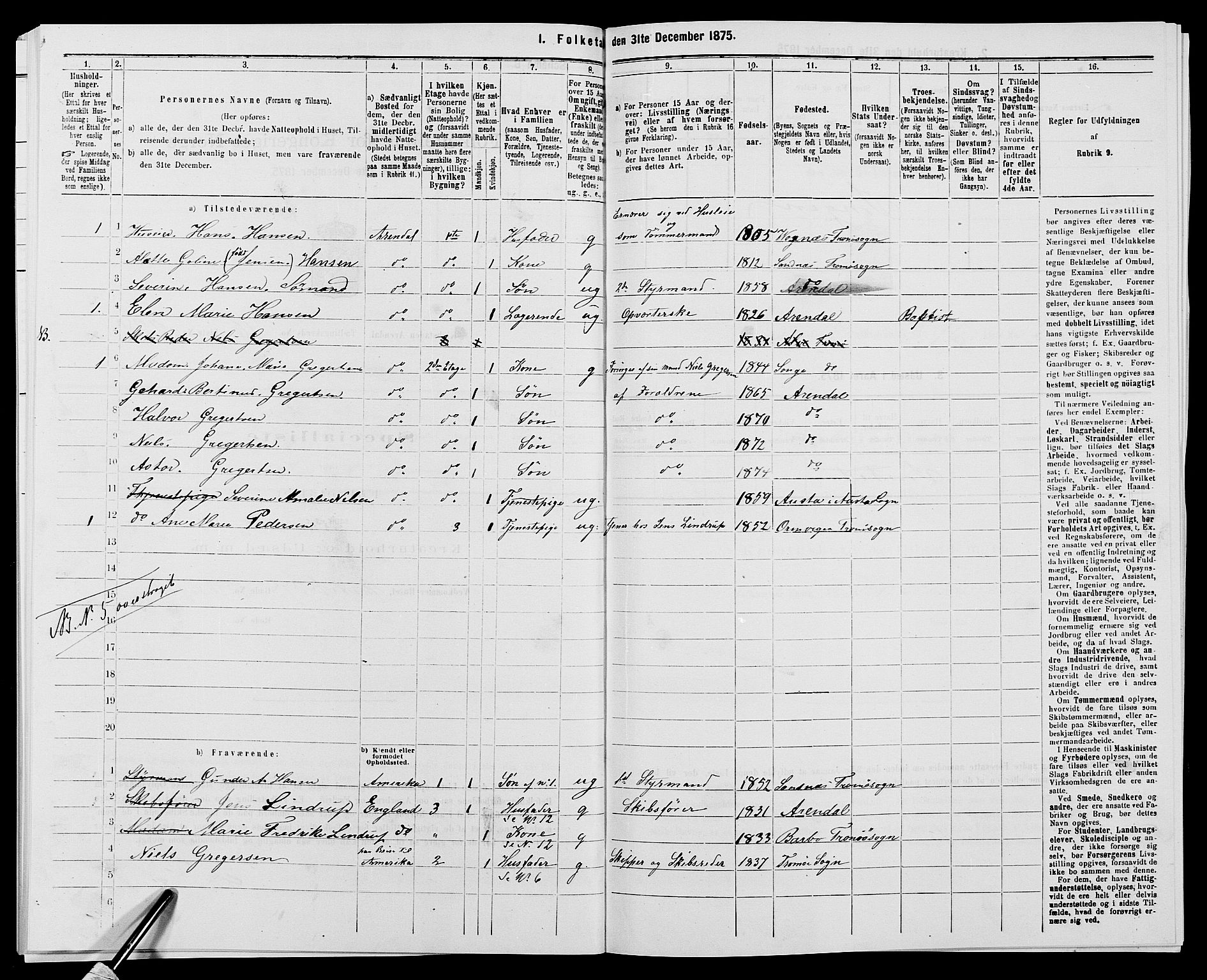 SAK, 1875 census for 0903P Arendal, 1875, p. 530