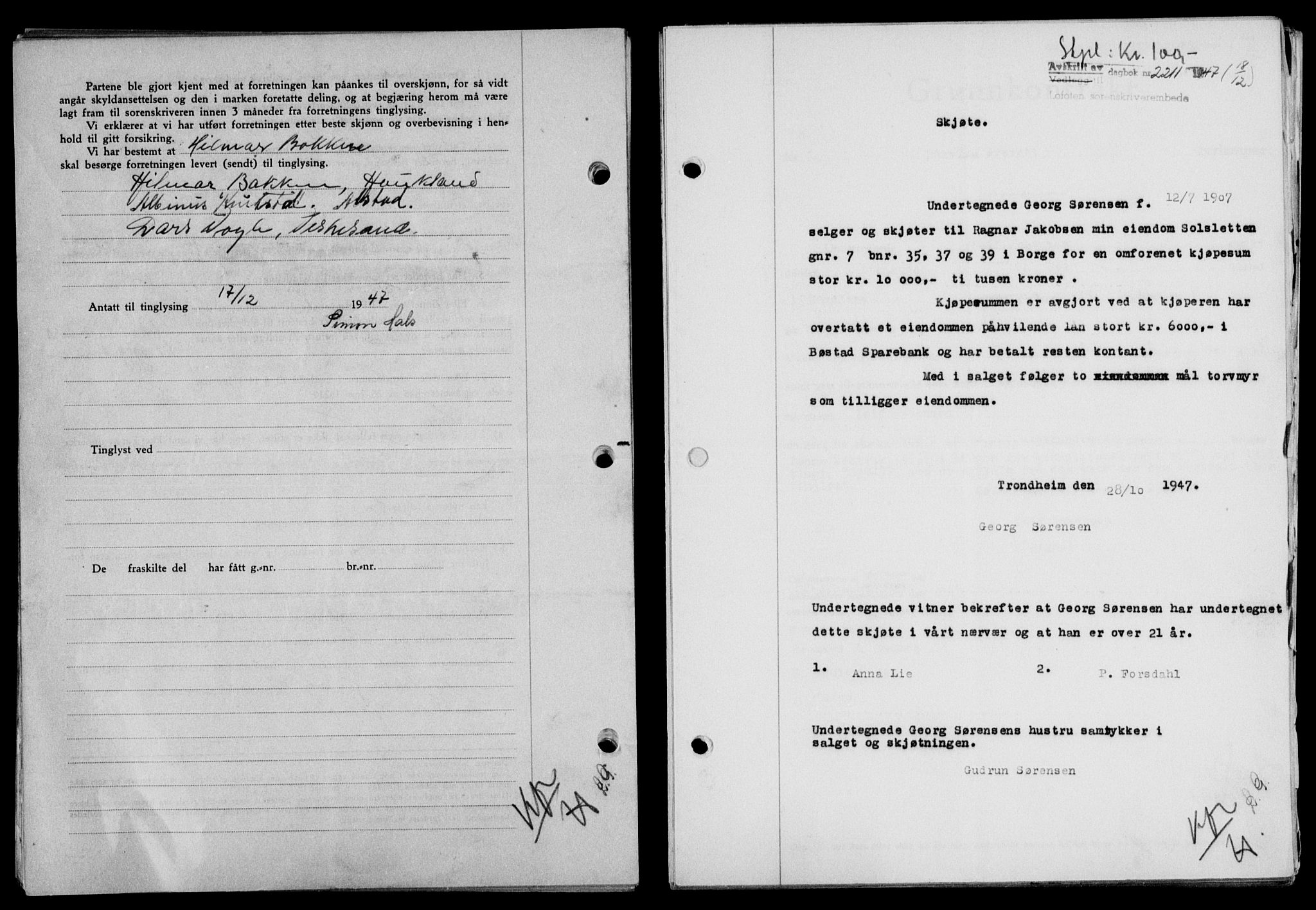 Lofoten sorenskriveri, SAT/A-0017/1/2/2C/L0017a: Mortgage book no. 17a, 1947-1948, Diary no: : 2211/1947
