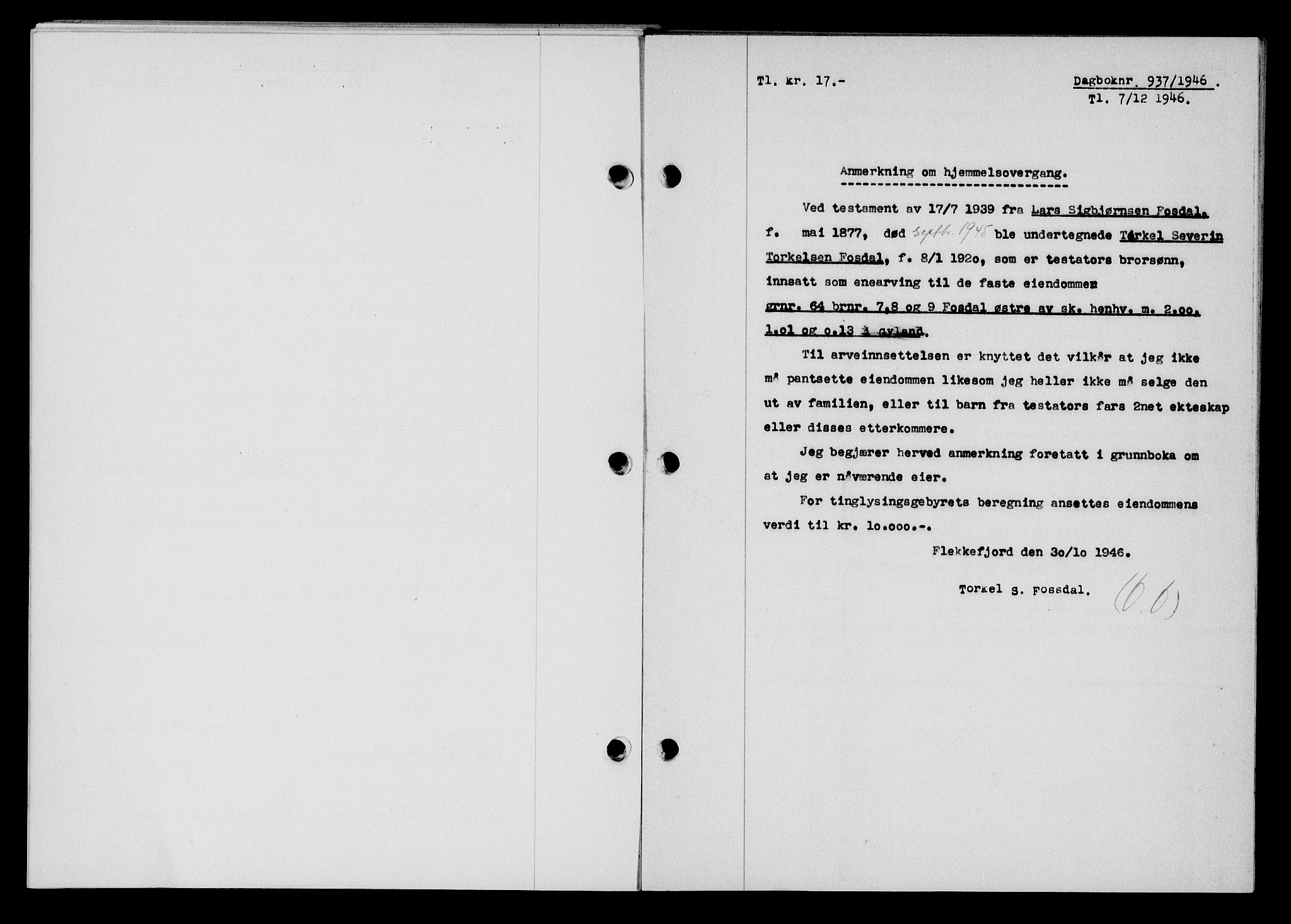 Flekkefjord sorenskriveri, AV/SAK-1221-0001/G/Gb/Gba/L0061: Mortgage book no. A-9, 1946-1947, Diary no: : 937/1946