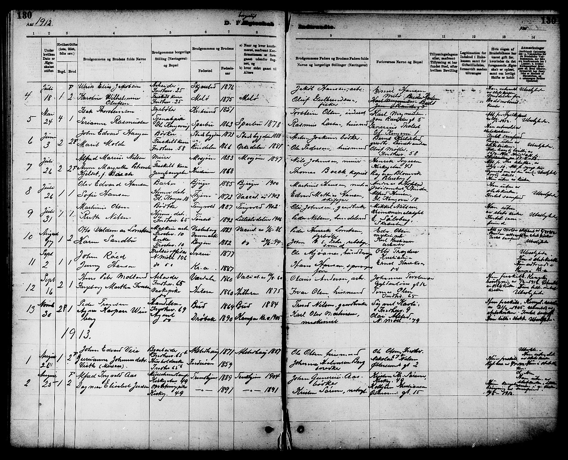 Ministerialprotokoller, klokkerbøker og fødselsregistre - Sør-Trøndelag, SAT/A-1456/605/L0255: Parish register (copy) no. 605C02, 1908-1918, p. 130