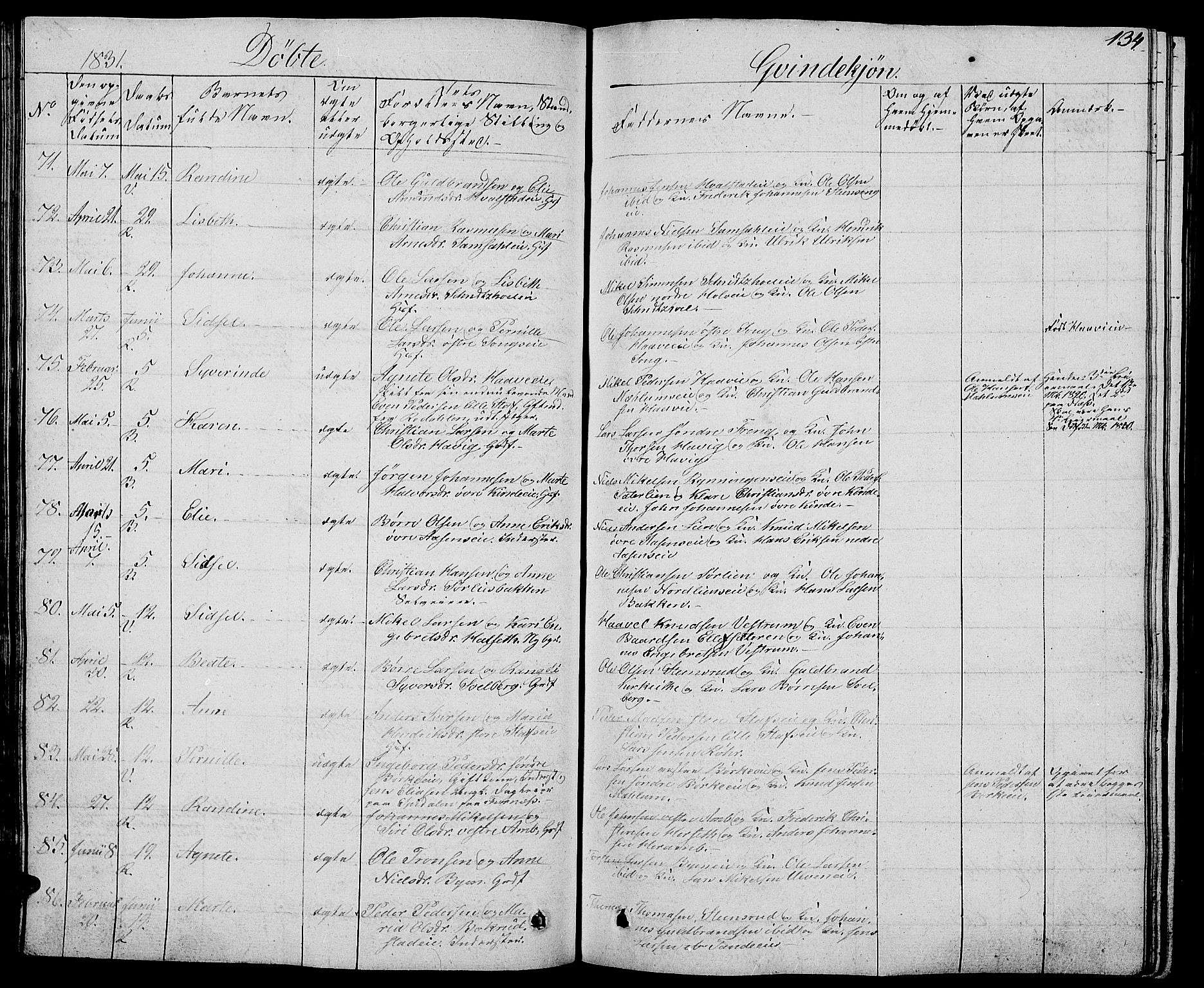 Ringsaker prestekontor, AV/SAH-PREST-014/L/La/L0004: Parish register (copy) no. 4, 1827-1838, p. 134