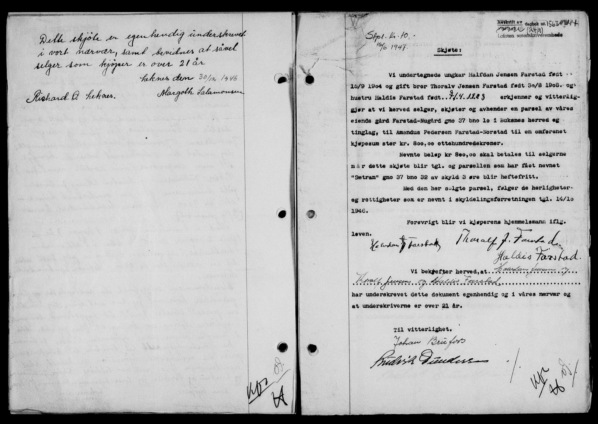 Lofoten sorenskriveri, SAT/A-0017/1/2/2C/L0016a: Mortgage book no. 16a, 1947-1947, Diary no: : 1563/1947