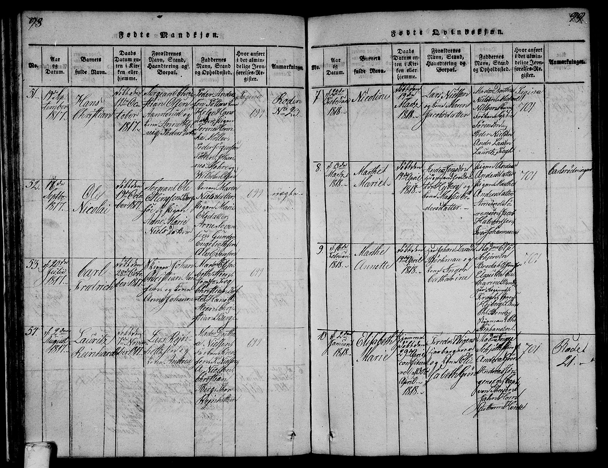 Larvik kirkebøker, AV/SAKO-A-352/F/Fa/L0001: Parish register (official) no. I 1, 1814-1825, p. 98-99