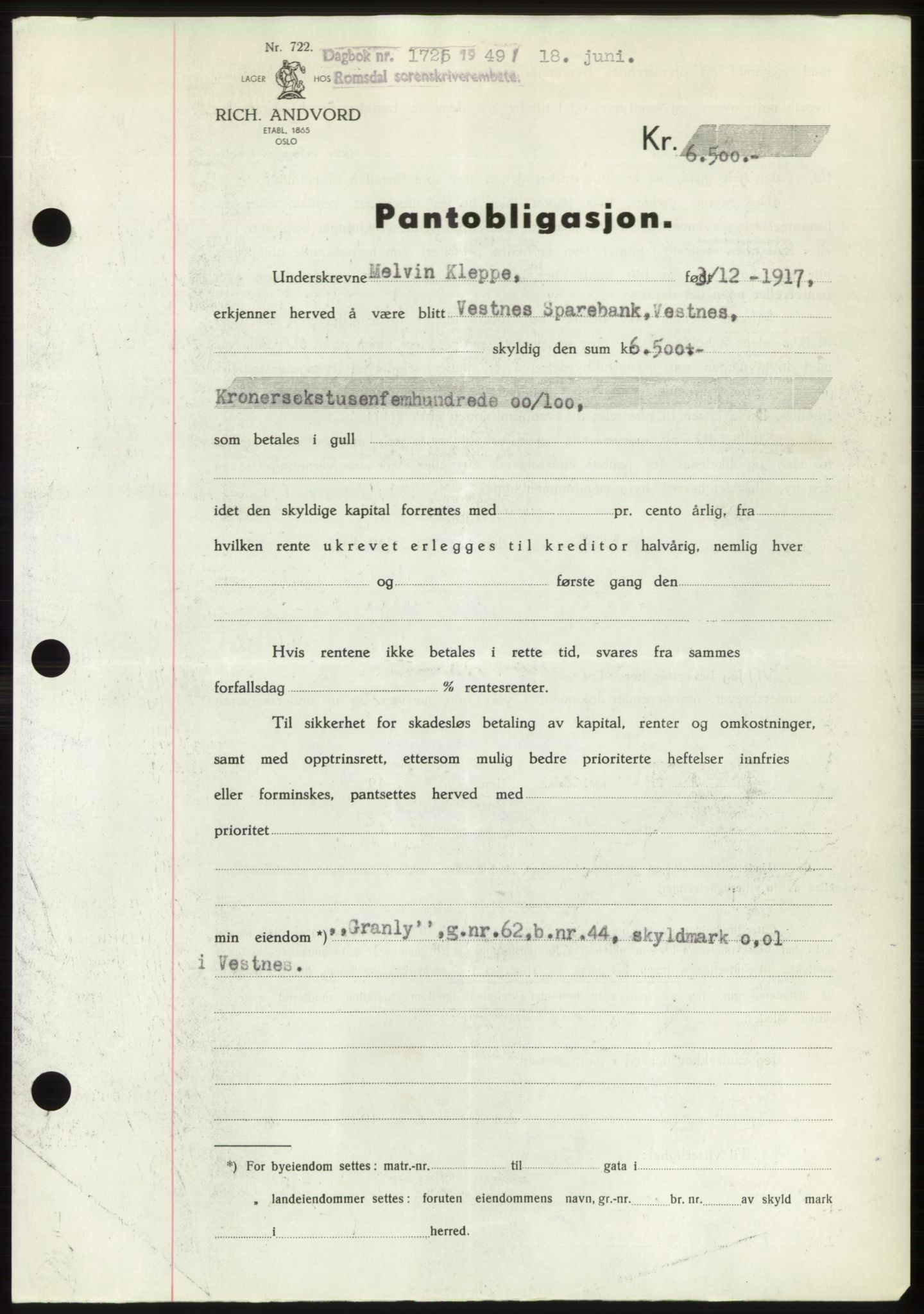 Romsdal sorenskriveri, AV/SAT-A-4149/1/2/2C: Mortgage book no. B4, 1948-1949, Diary no: : 1725/1949