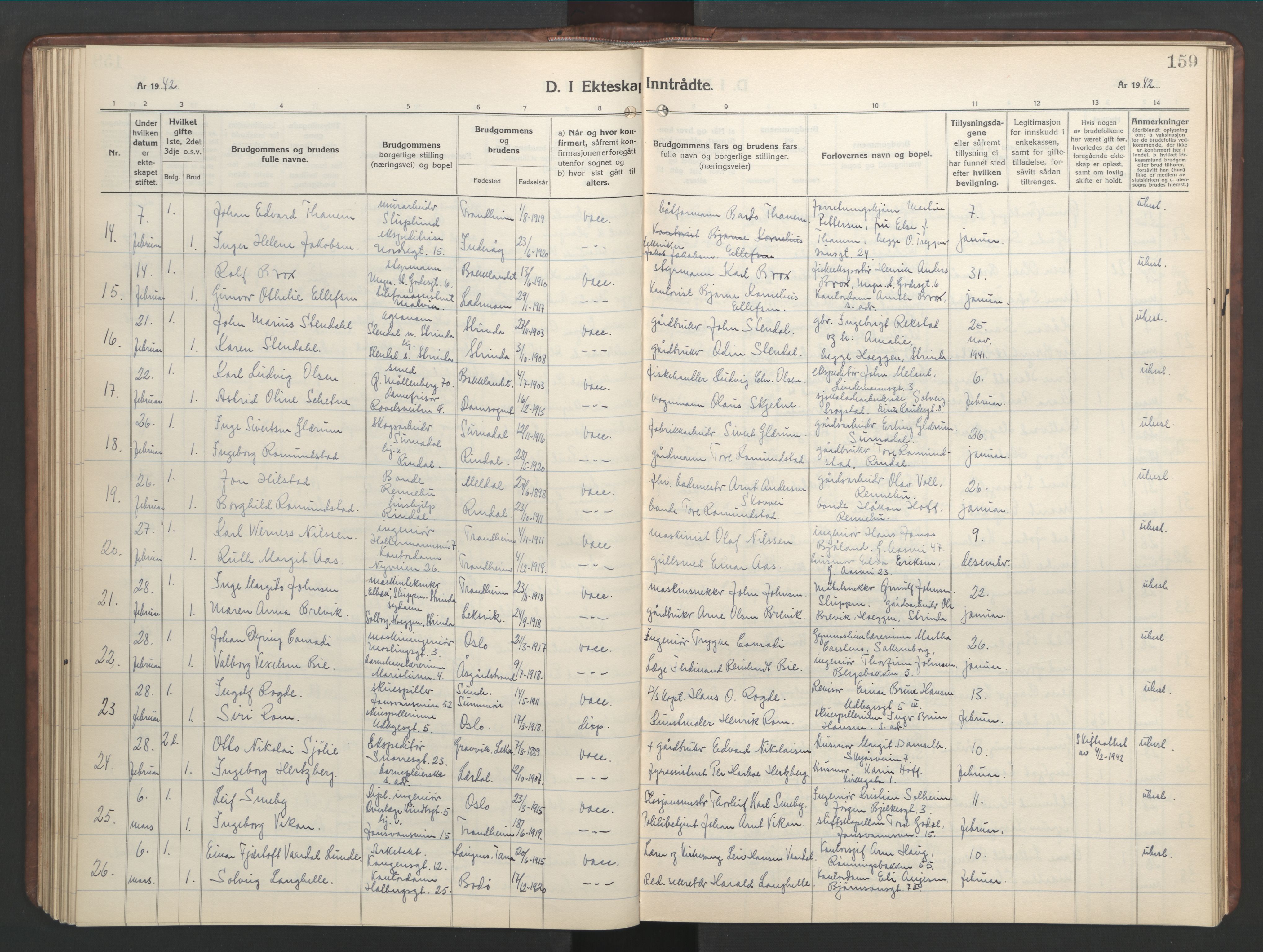 Ministerialprotokoller, klokkerbøker og fødselsregistre - Sør-Trøndelag, SAT/A-1456/601/L0101: Parish register (copy) no. 601C19, 1935-1946, p. 159