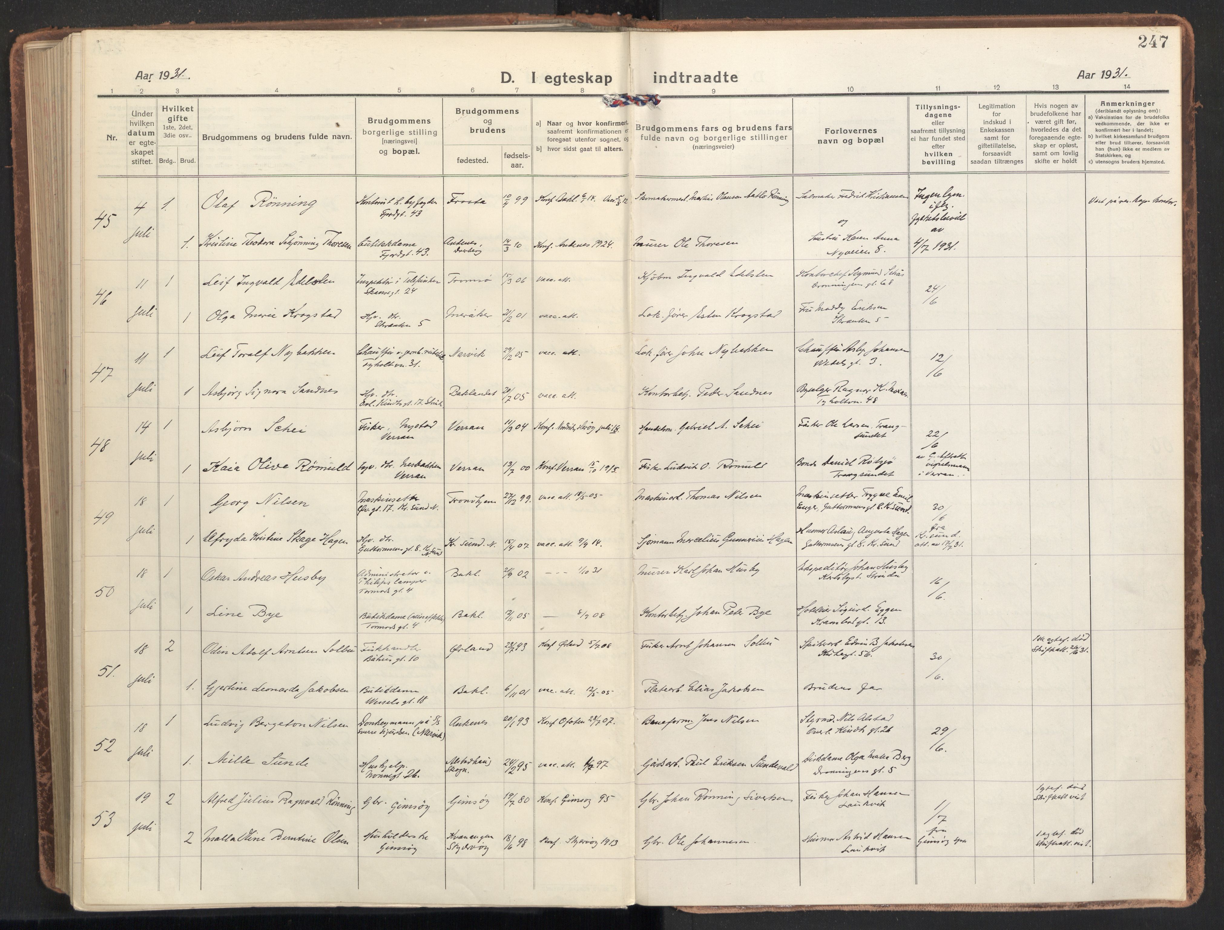 Ministerialprotokoller, klokkerbøker og fødselsregistre - Sør-Trøndelag, AV/SAT-A-1456/604/L0206: Parish register (official) no. 604A26, 1917-1931, p. 247