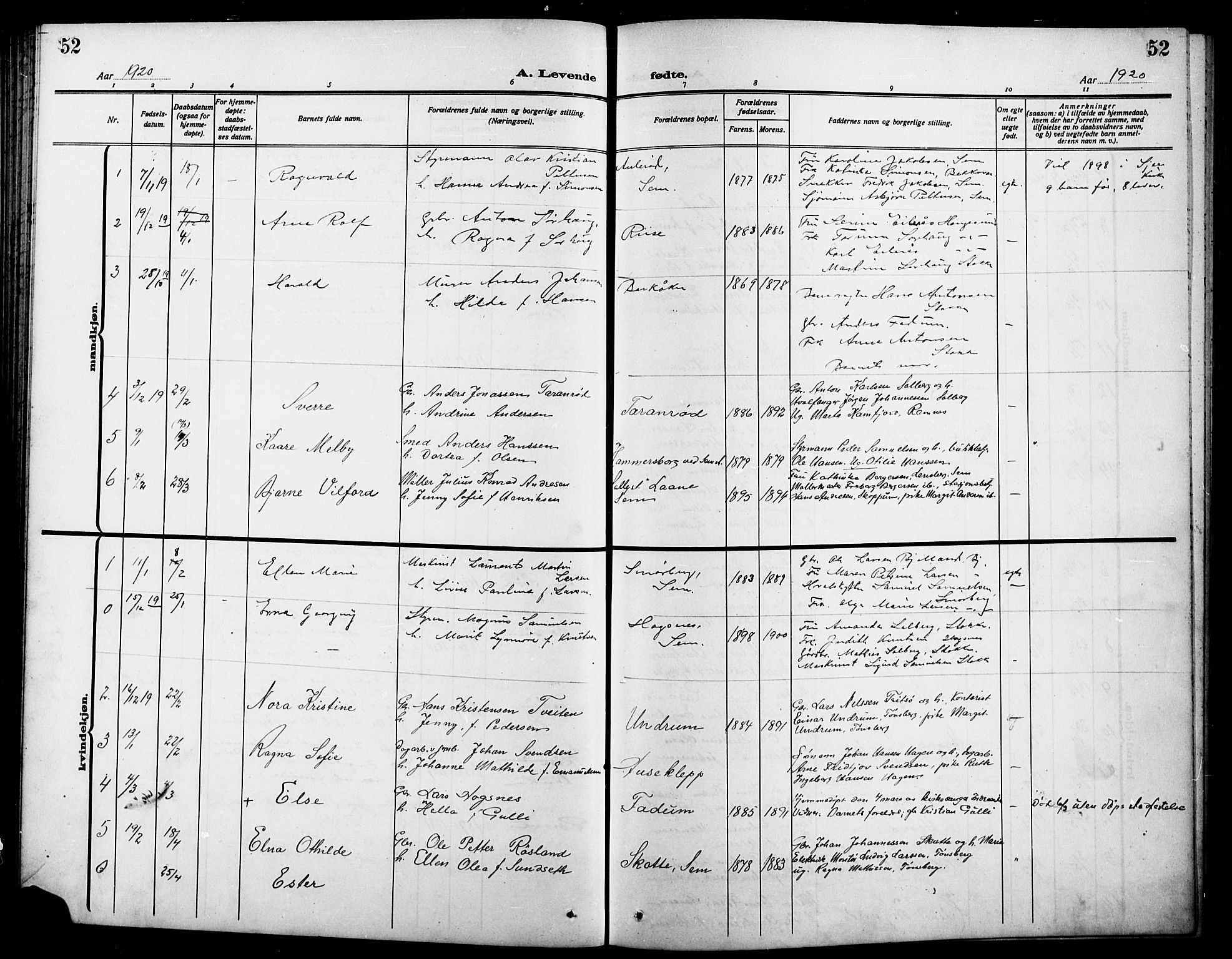 Sem kirkebøker, AV/SAKO-A-5/G/Ga/L0007: Parish register (copy) no. I 7, 1909-1924, p. 52