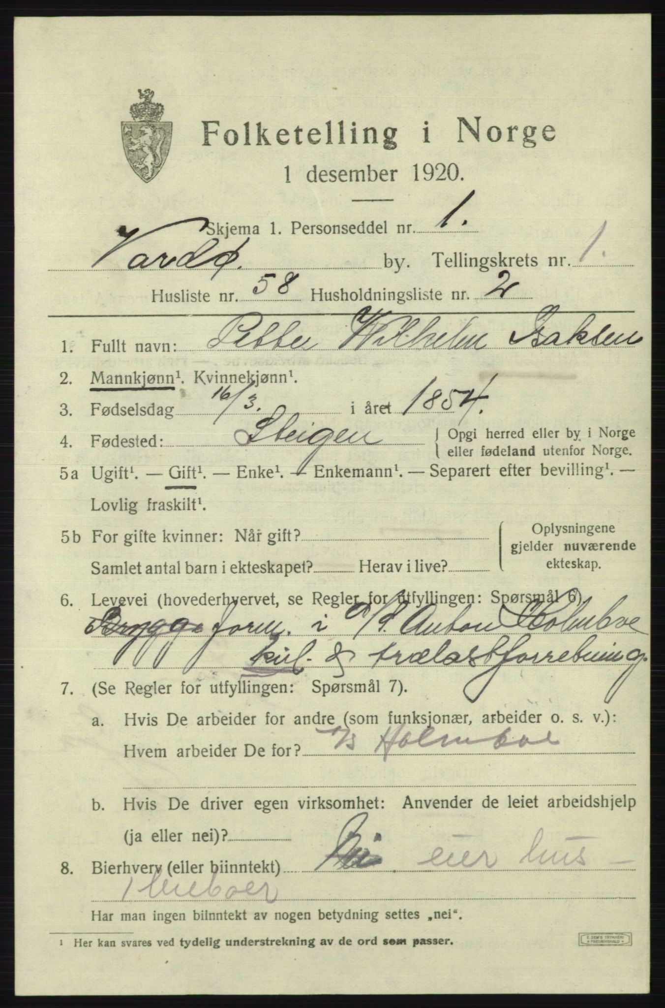 SATØ, 1920 census for Vardø, 1920, p. 3536