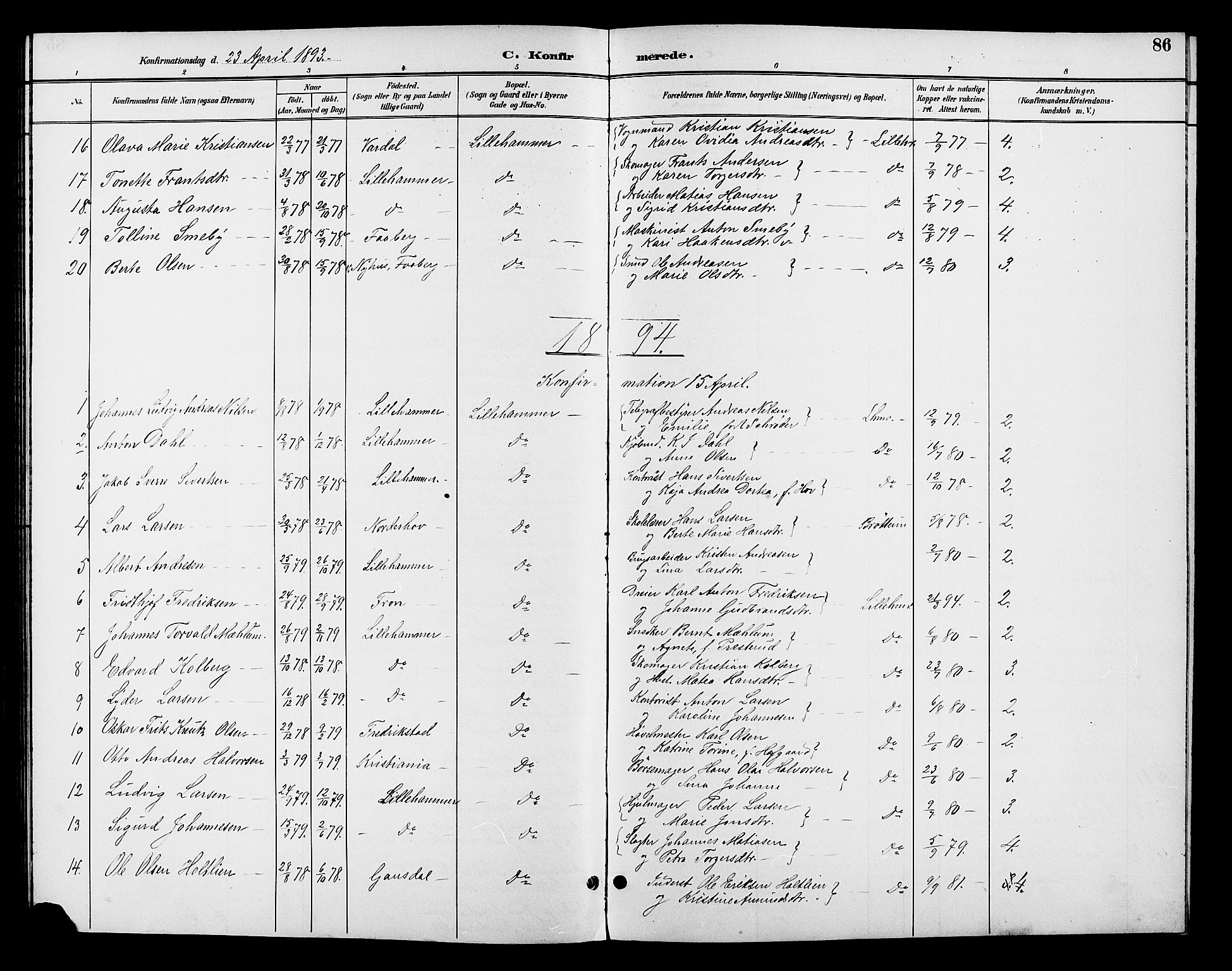 Fåberg prestekontor, SAH/PREST-086/H/Ha/Hab/L0008: Parish register (copy) no. 8, 1891-1900, p. 86