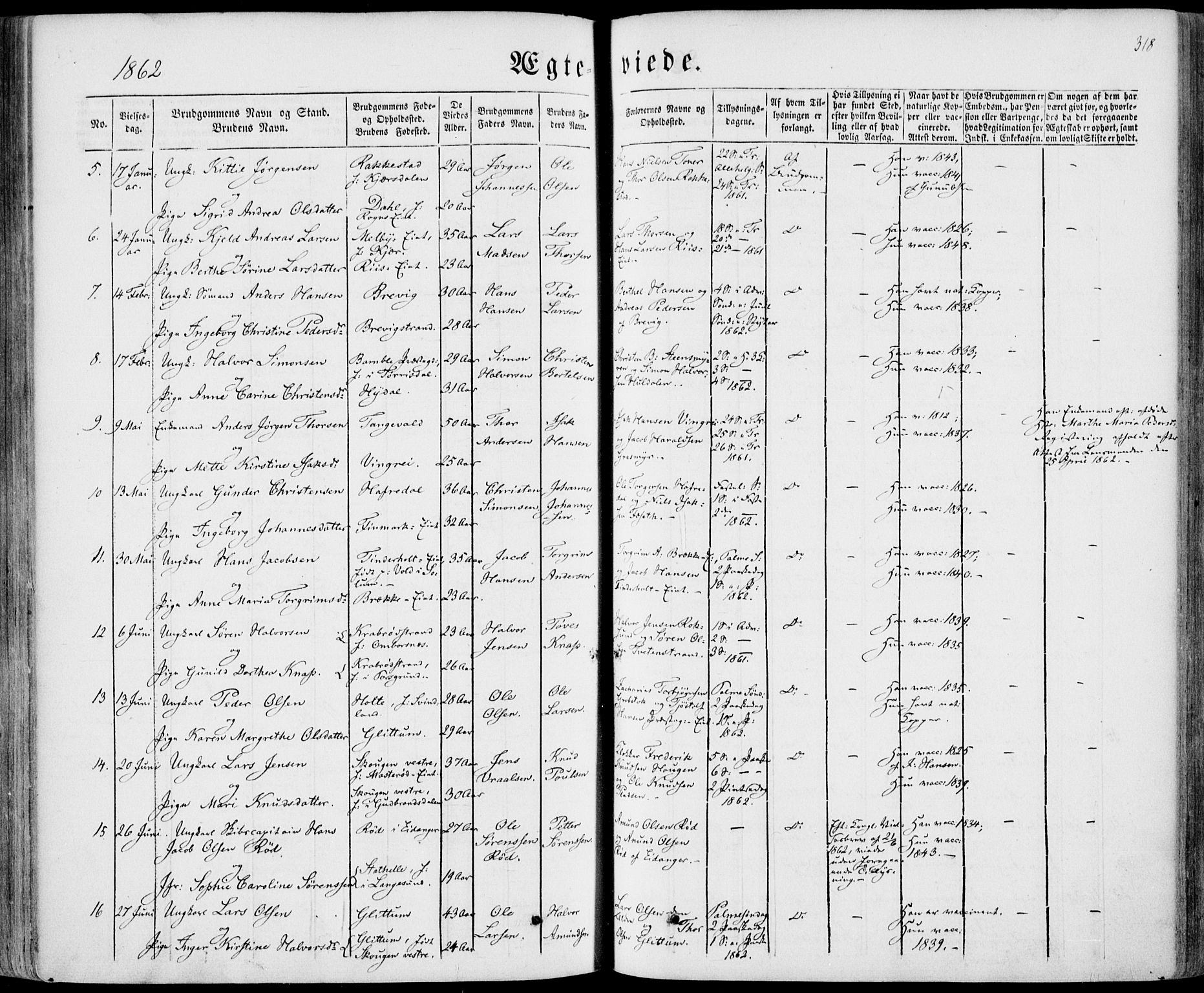 Bamble kirkebøker, SAKO/A-253/F/Fa/L0005: Parish register (official) no. I 5, 1854-1869, p. 318