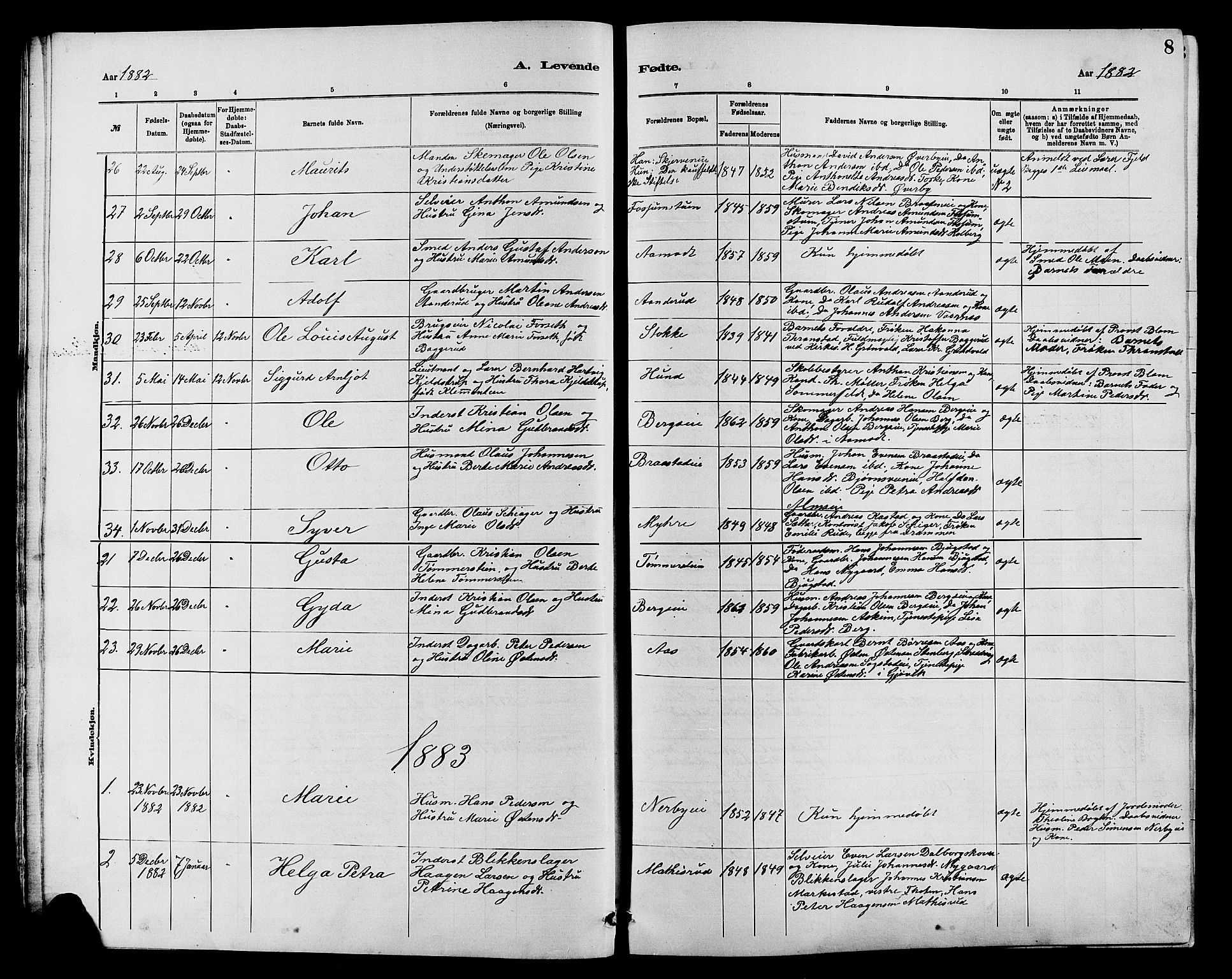 Vardal prestekontor, SAH/PREST-100/H/Ha/Hab/L0007: Parish register (copy) no. 7 /1, 1881-1895, p. 8