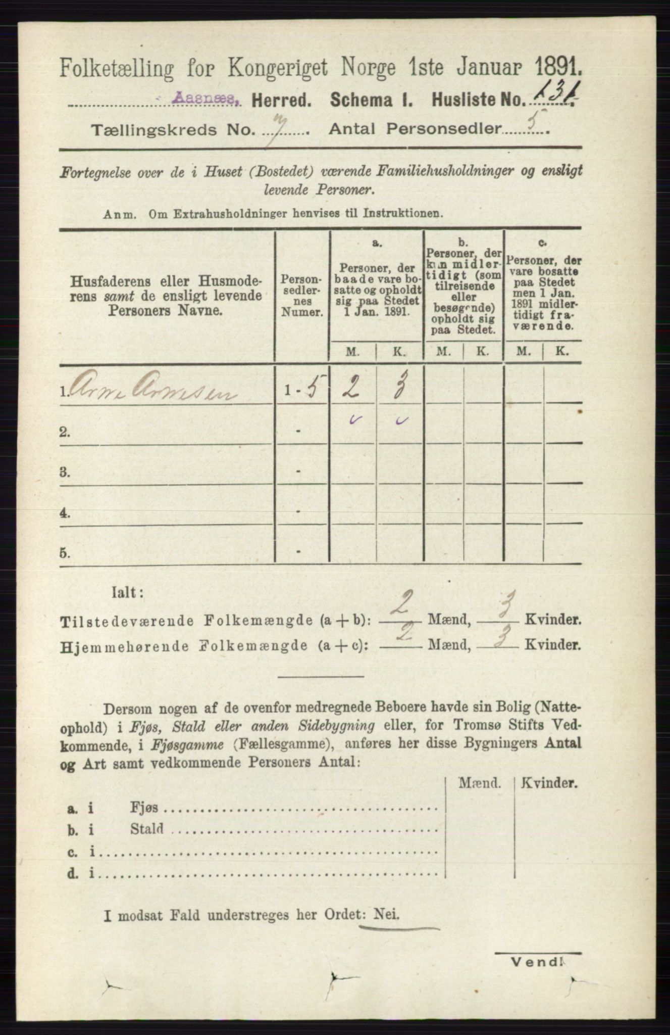 RA, 1891 census for 0425 Åsnes, 1891, p. 3367