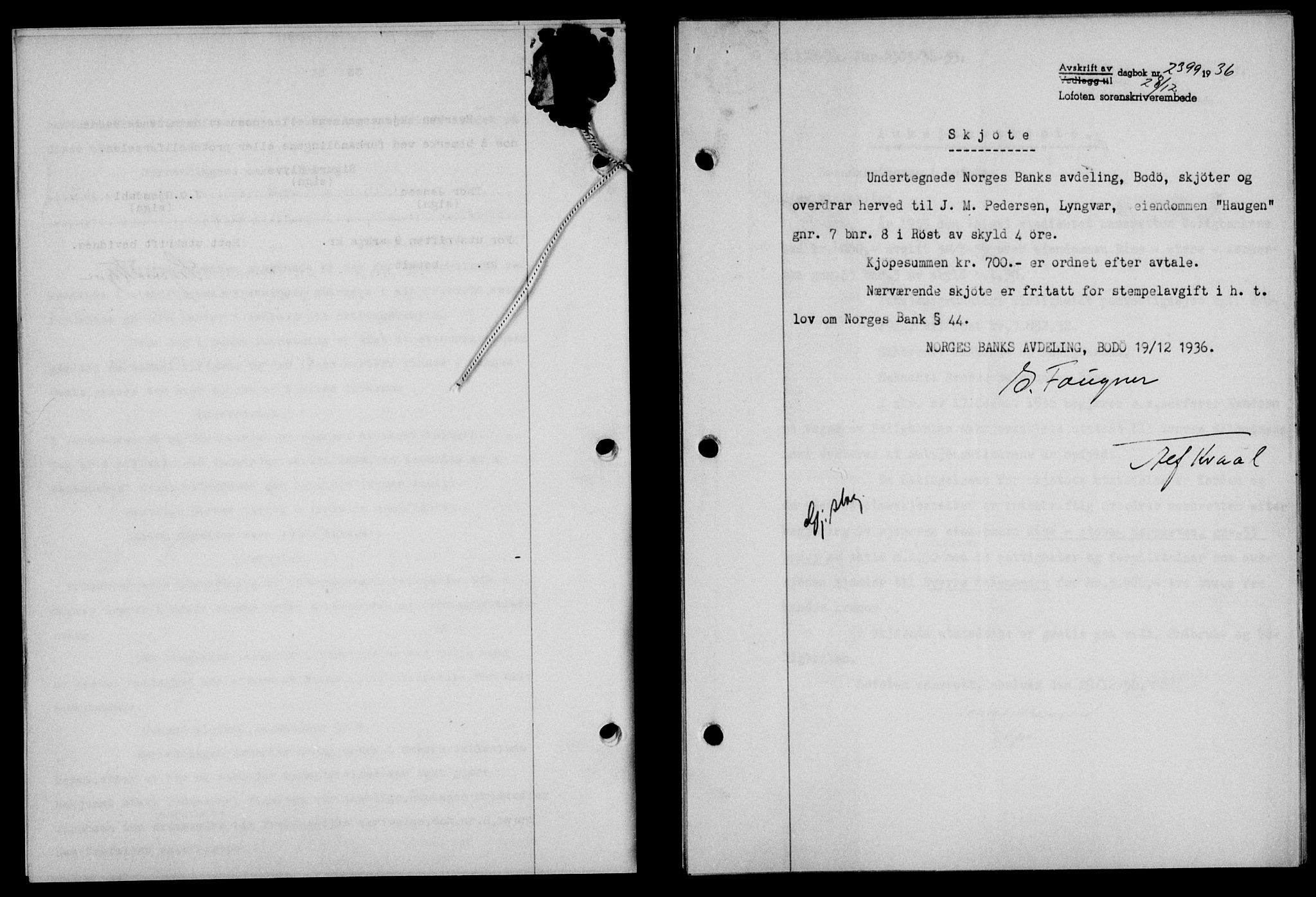 Lofoten sorenskriveri, SAT/A-0017/1/2/2C/L0001a: Mortgage book no. 1a, 1936-1937, Diary no: : 2399/1936